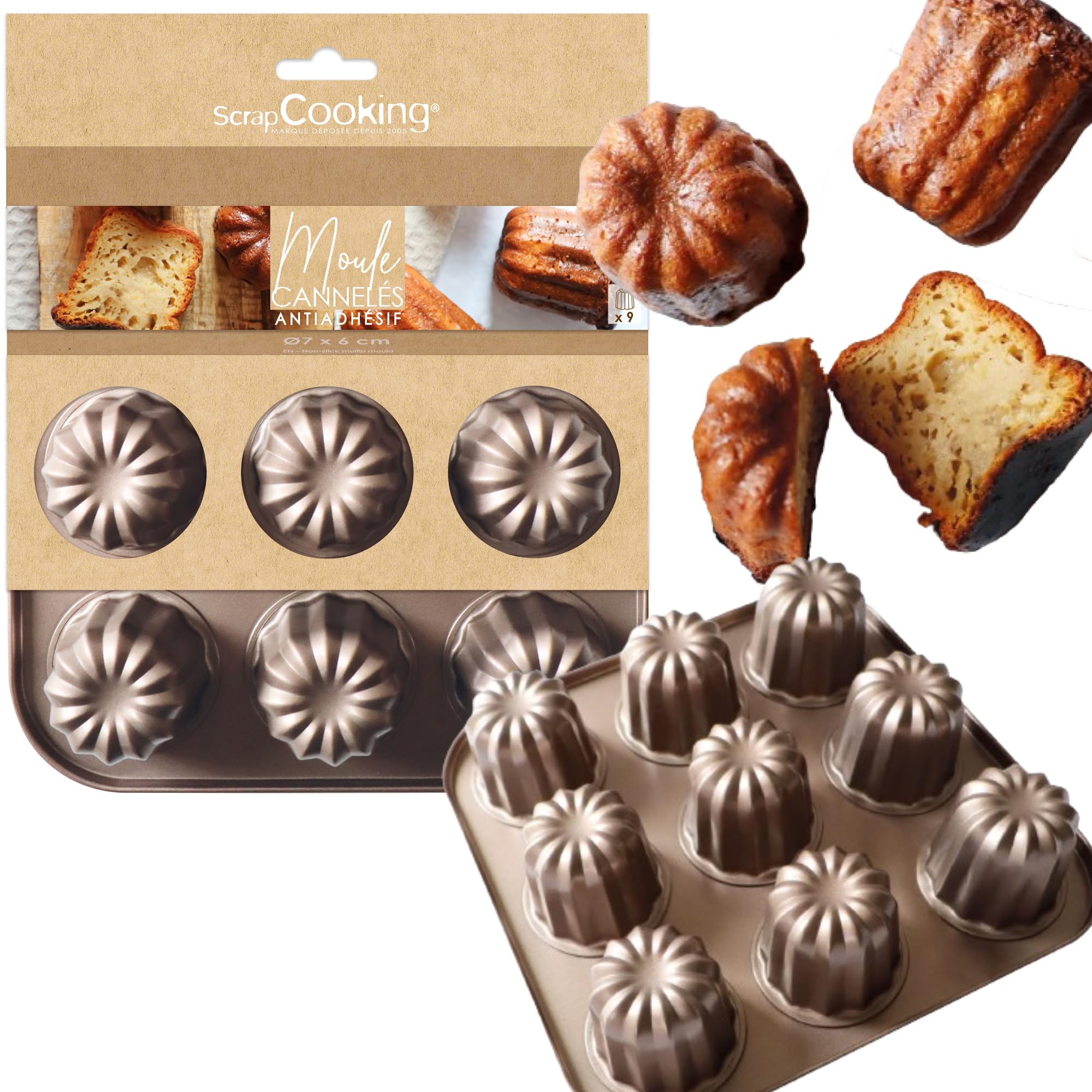 SCRAP COOKING ScrapCooking 1294 Non-Stick Fluted Mould, 9 Shapes for Bordelais Cannelés – Metal Mould – Suitable for Oven & Freezer – Cake Mould – Copper