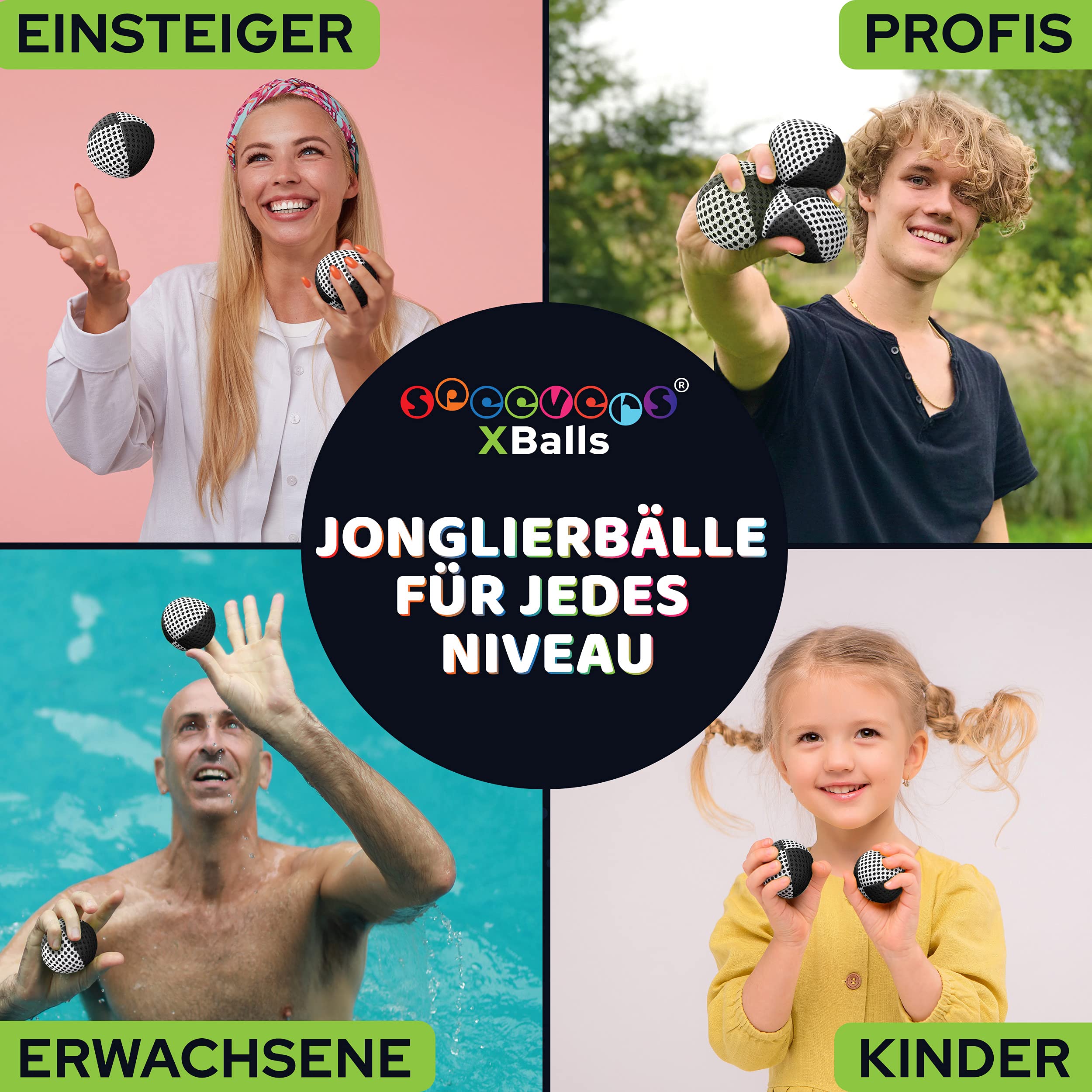 speevers XBalls Hohe Qualität Jonglierbälle Kinder Anfänger und Profi 3er Set, Jonglieren in 15 Farben, Jonglierset für Erwachsene, Anfänger Beanbags mit Tragetasche