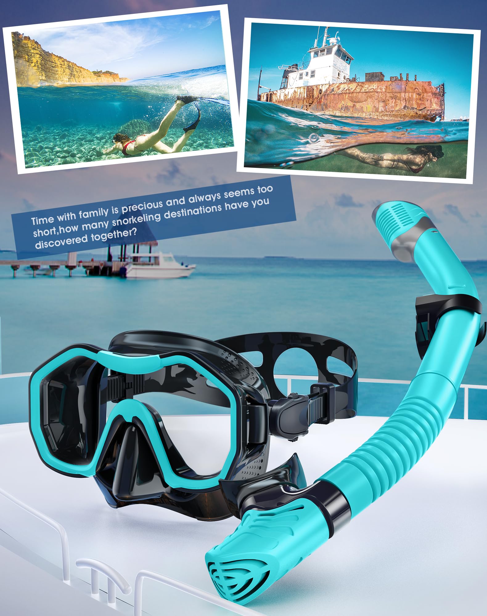 Equipo de esnórquel para adultos y niños, juego de esnórquel con parte superior seca, panorámica de 180°, máscara de buceo para respirar libremente, máscara de esnórquel para esnórquel,