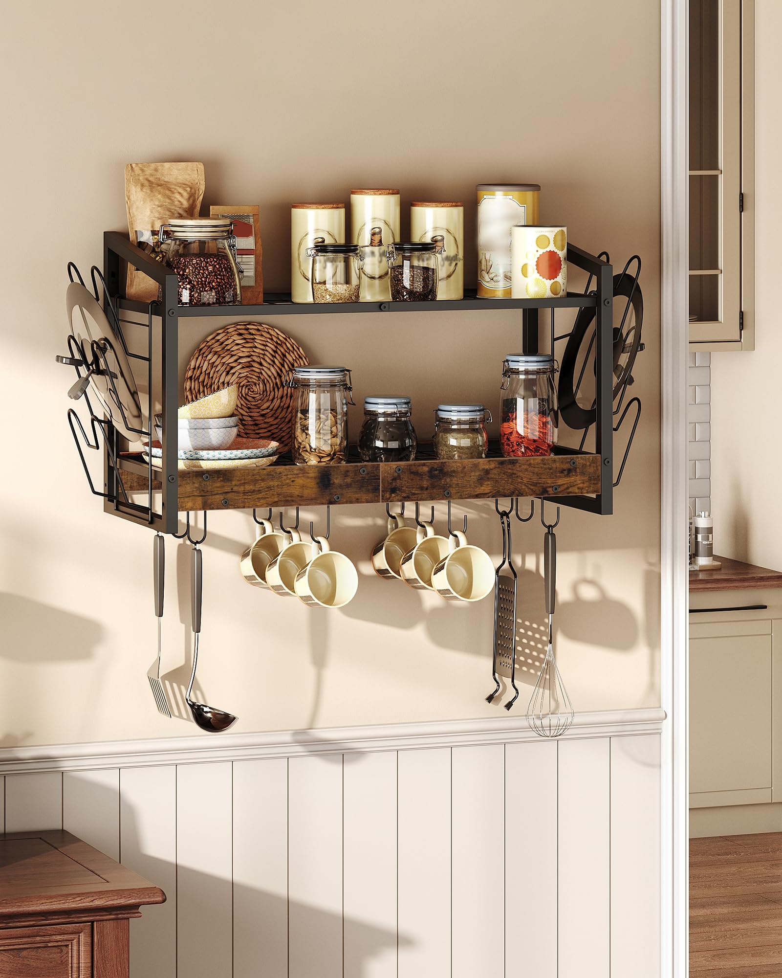 CHOEZON Soporte de Pared para Ollas, Estante de Cocina de 2 Niveles para Ollas y Tapas, Soporte para Sartenes, Vajilla y Utensilios de Cocina con 12 Ganchos, Marrón Vintage y Negro DTPR02BF