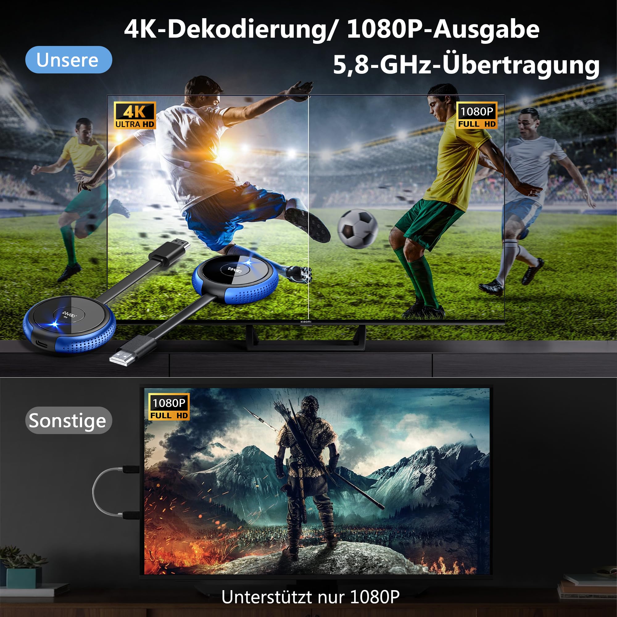 HDMI Wireless, Kabellose Transmitter and Receiver 50M Funk Funkübertragung, 5.8G Drahtlos Übertragen Sender Empfänger, Plug & Play für Casting Video Audio File von Laptop/PC zu TV/Projektor, 2.16''