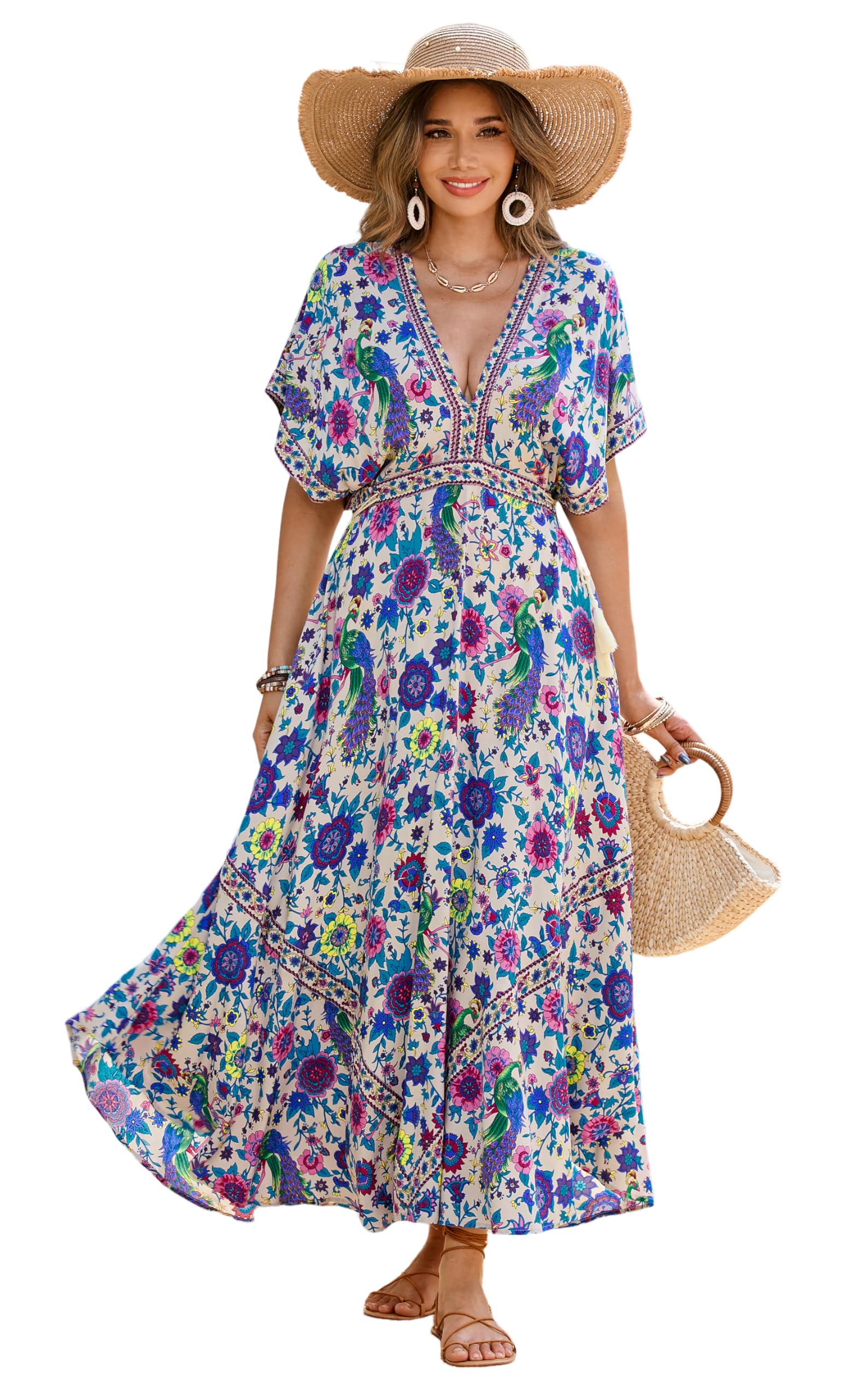 R.Vivimos Women's Boho Floral Midi Dress Deep V Neck Backless Bat Sleeve Summer Beach Dress(XLarge,Beige)