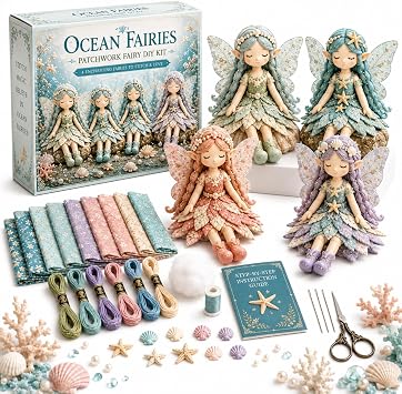 Fairy Patchwork DIY Collection, Fairy Handmade Sewing Kit, Fun Flower Fairies Patchwork Sewing Kit, 4 Handcrafted Winged Flower Fairies, Complete Sewing Materials B 1set