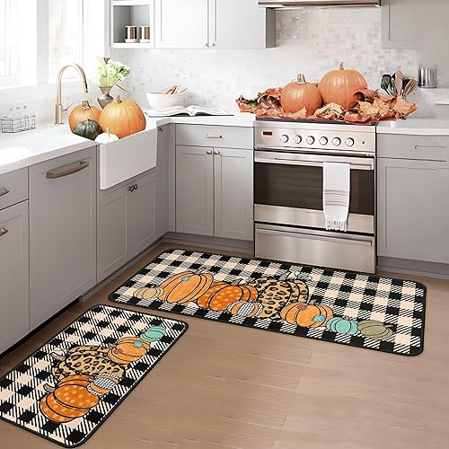 Miniatura 3 de Noulmea Juego de 2 alfombras de cocina de otoño con diseño de calabaza a cuadros de búfalo, alfombra de otoño para puerta delantera, decoración de