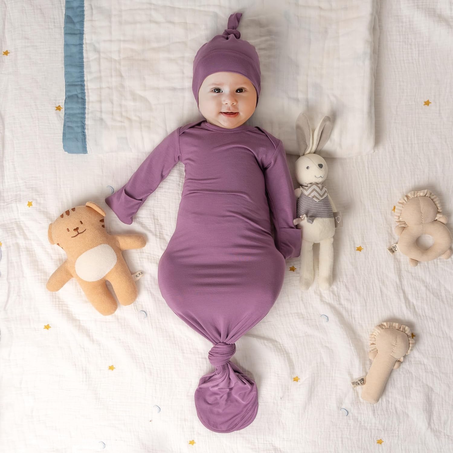 Newborn Baby Knotted Gown, Ultra-Soft Infant Sleeper Coming Home Outfit with Hat, Bowknot (2 Packs) - Image 8