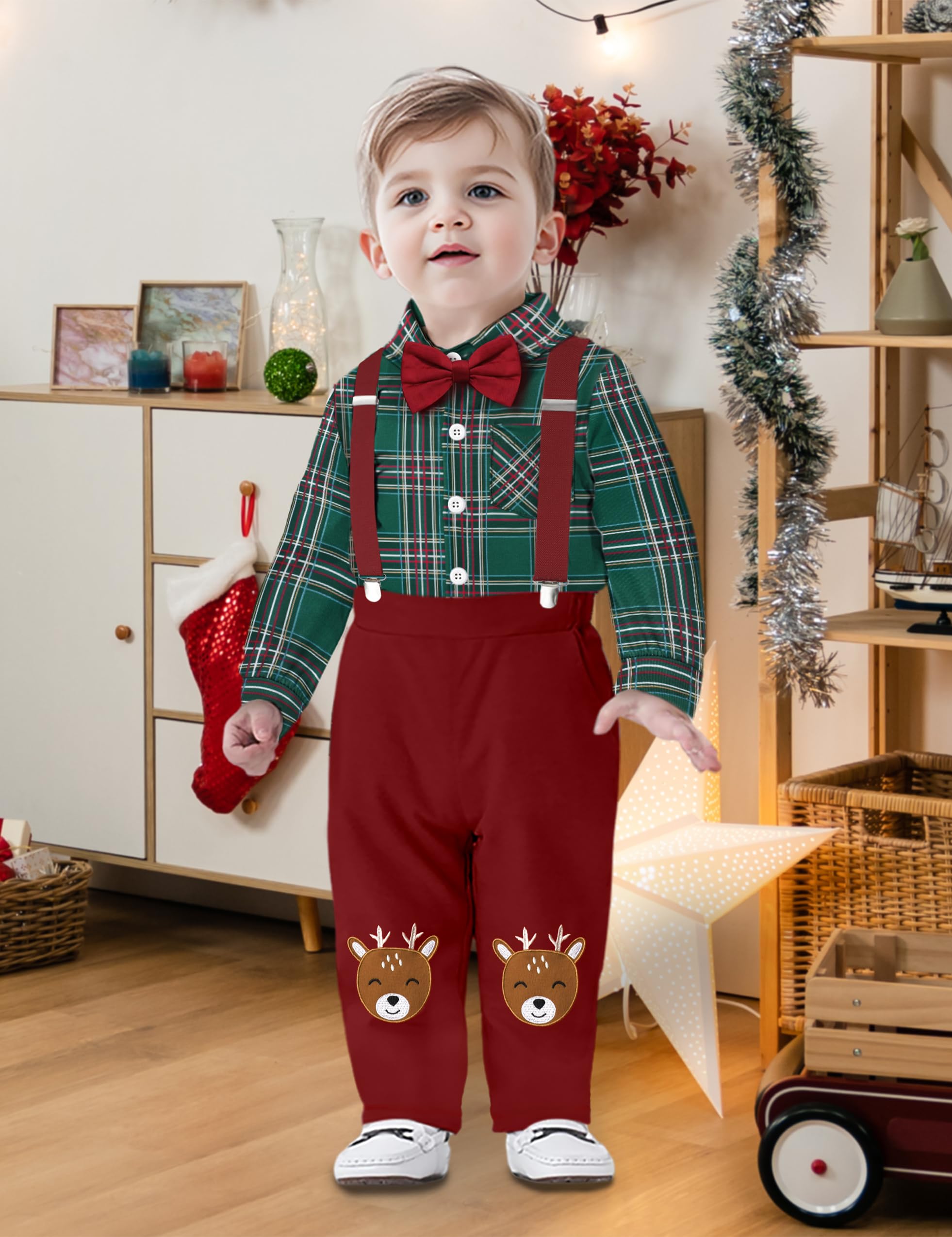 TALLWH Baby Boy Christmas Outfit - Plaid Gentleman Shirts With Red Bowtie + Reindeer Pattern Suspenders Pants (18 Month, 2T)