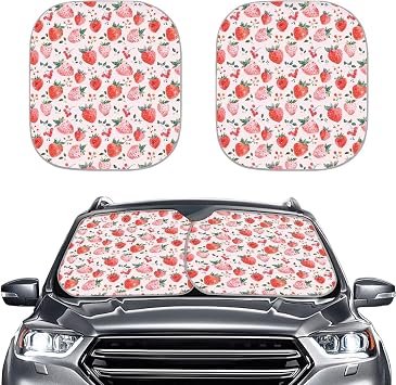 Strawberry 2 Piece Car Windshield Sun Shade Cover Foldable Auto Sun Shield Heat Protector for Front Window Car Sunscreen UV Reflector Protect Dashboard Seat from Fade and Crack, Medium Fit