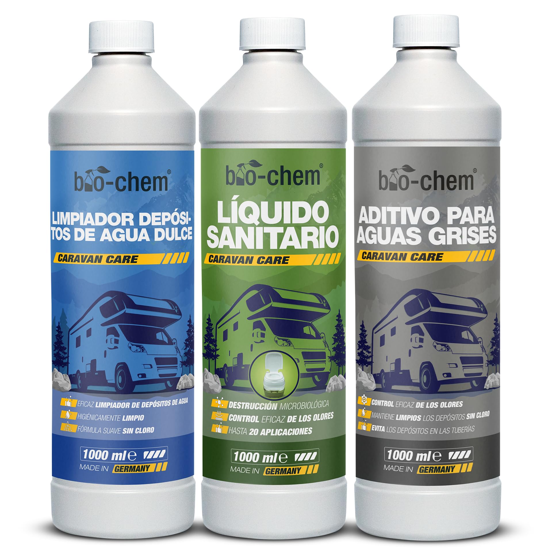 Bio-Chem - Set de 3 Productos de Limpieza para aseos higiénicos de autocaravanas - Limpiador para depósitos de Agua Dulce de caravanas - Limpiador para Aguas Grises - Líquido Sanitario