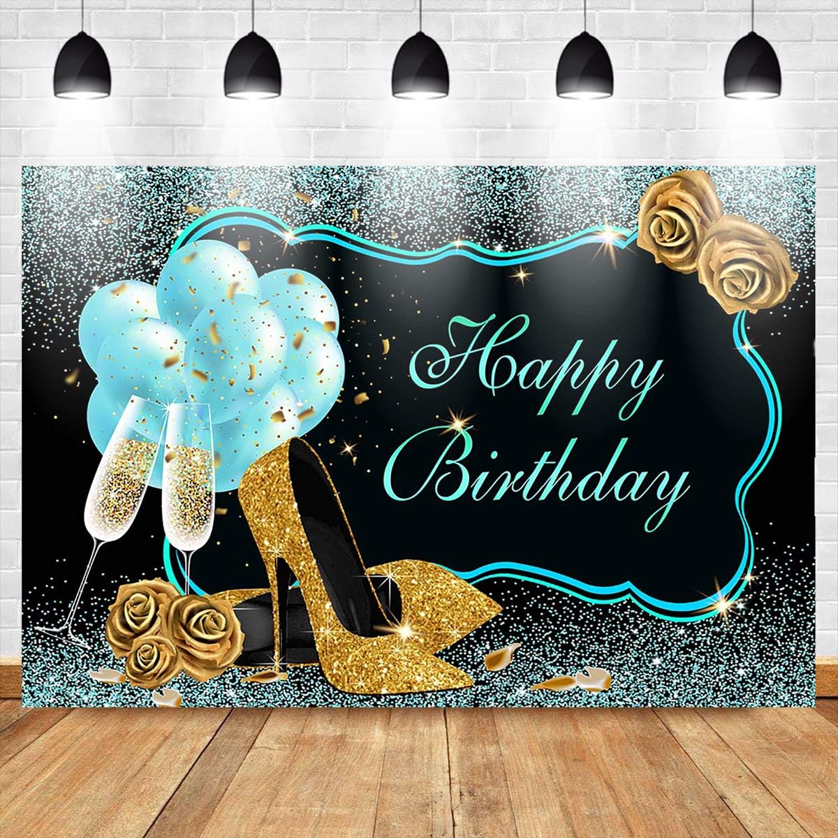 🔥 Crazy Deals Mocsicka Teal Gold Happy Birthday Backdrop Glitter Turquoise Balloons High Heels Champagne Woman's Birthday Photo Backdrops Sweet 16th 21st 30th 40th Bday Photography Background (8x6ft)