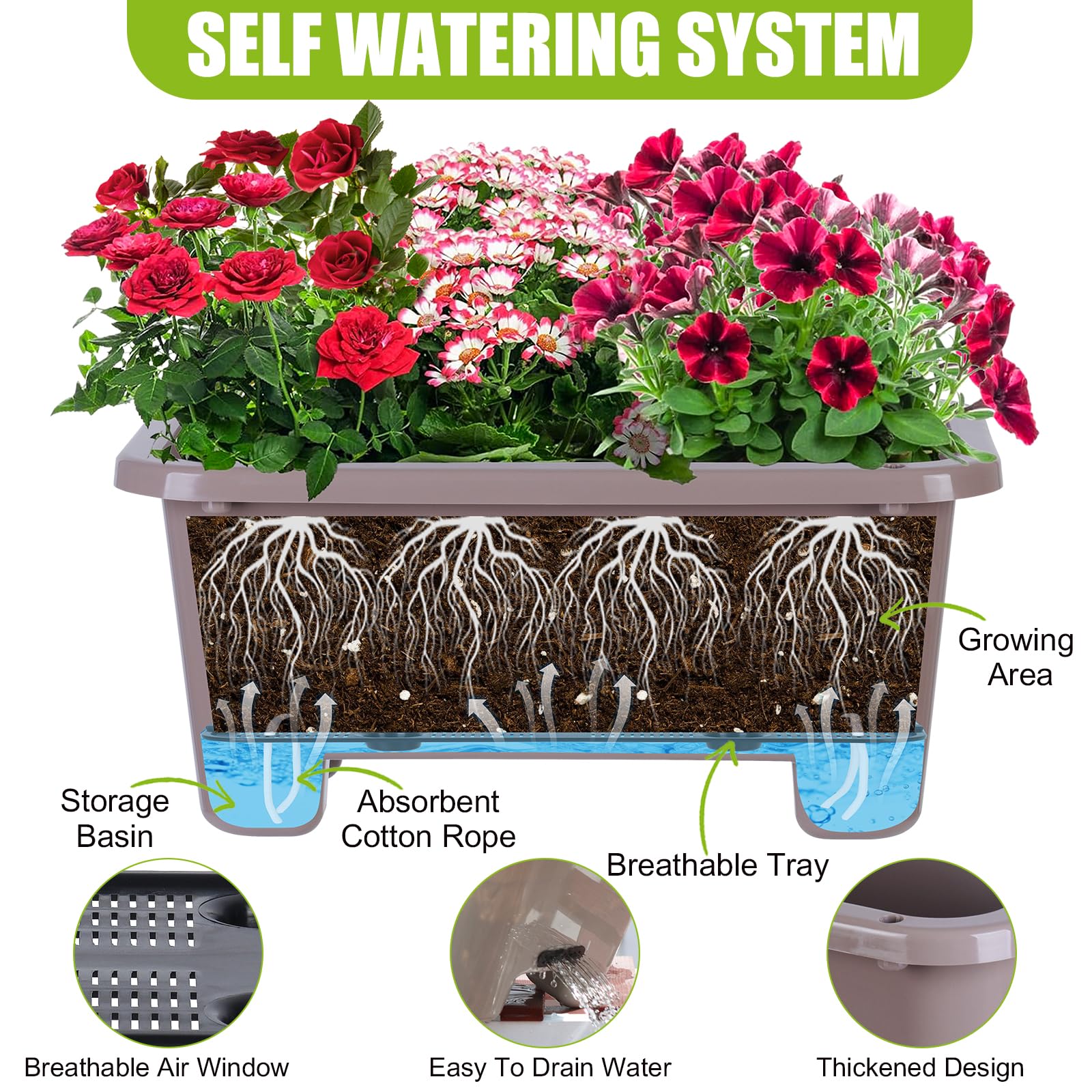 Macetas rectangulares de riego automático, paquete de 8, maceta de ventana de 15.7 pulgadas con agujeros de drenaje y bandejas, macetas para verduras, hierbas, flores, alféizar de ventana de jardín y