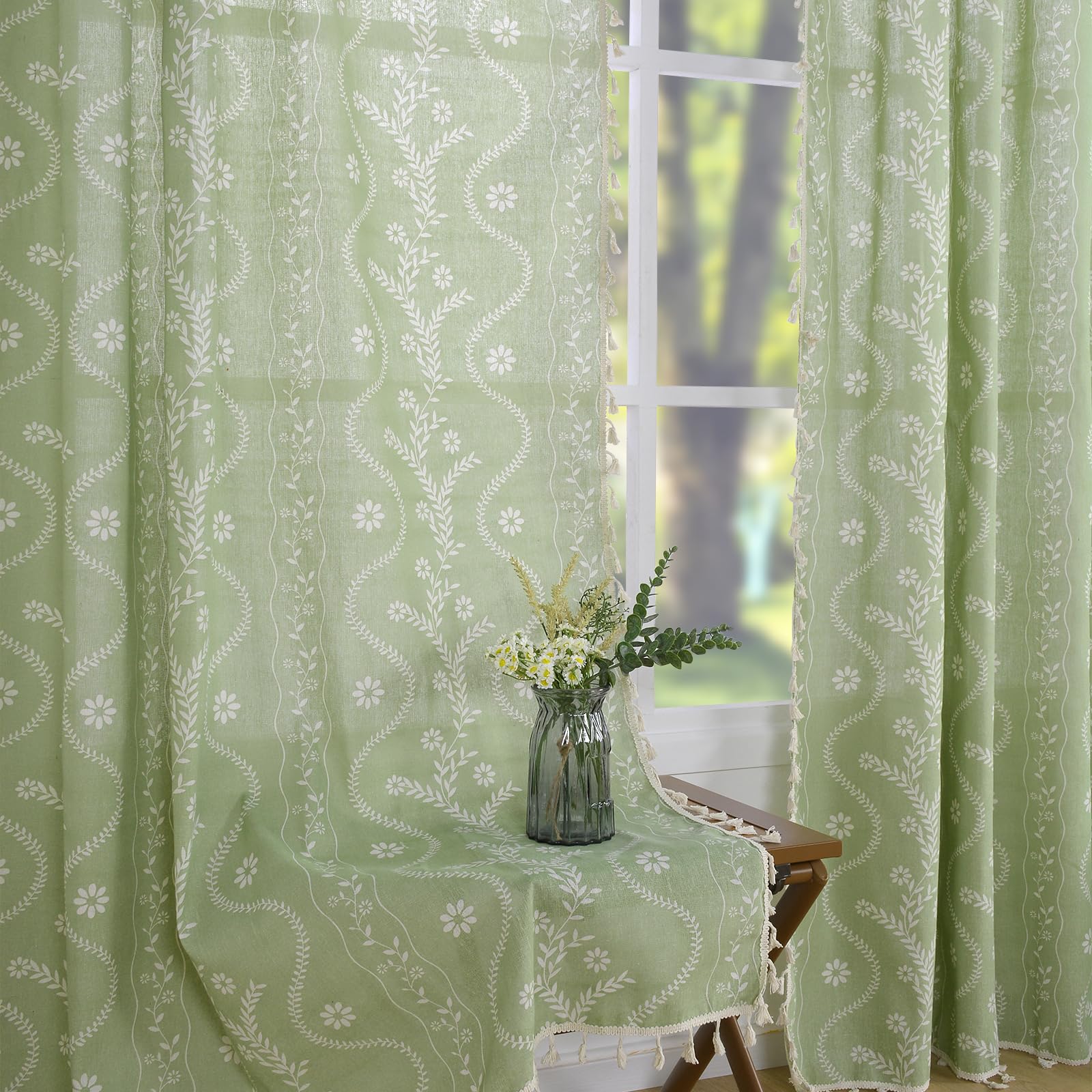 Schweek Boho Curtains 63 Inches Length 2 Panels for Living Room Sage Green