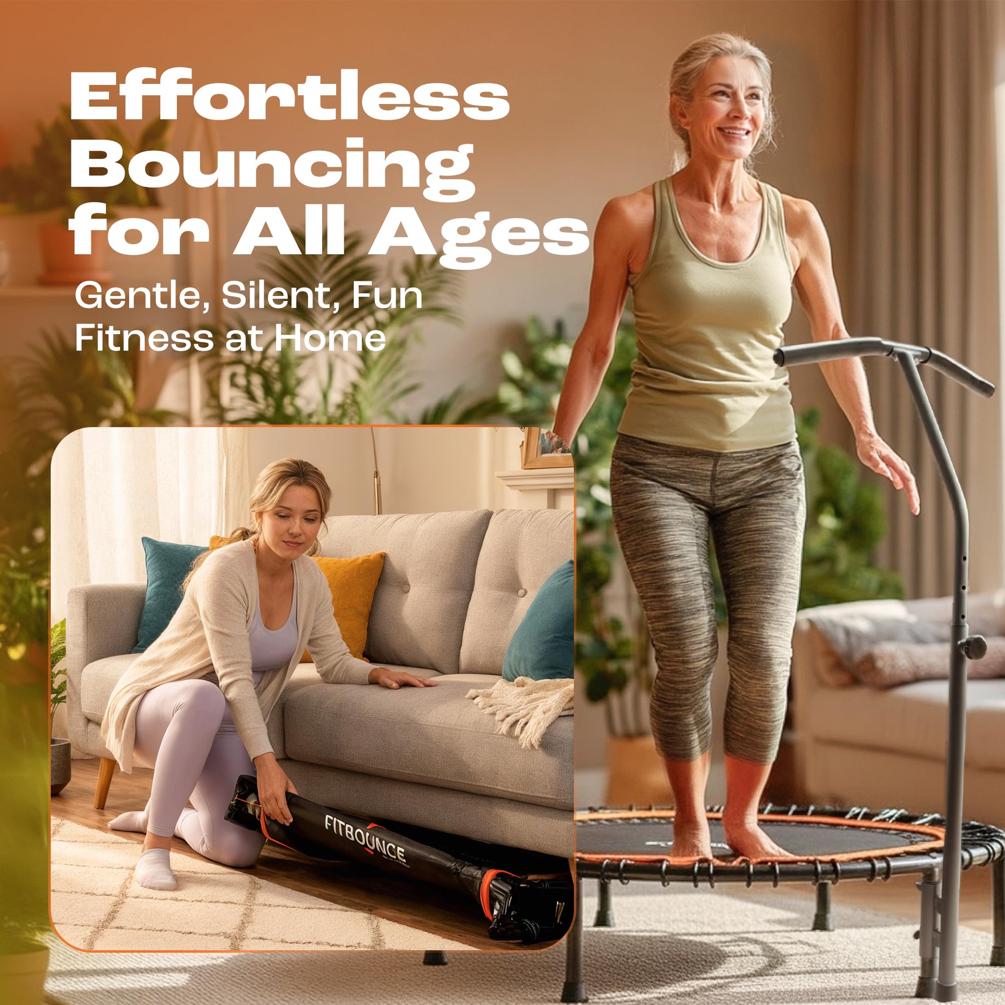 MXL FIT Bounce PRO Bungee Rebounder - Premium Indoor Mini Trampoline for Adults, Silent Low-Impact Bounce, Half-Folding with Foldable Steel Legs & Carry Bag - 40 in, 400lb - 3