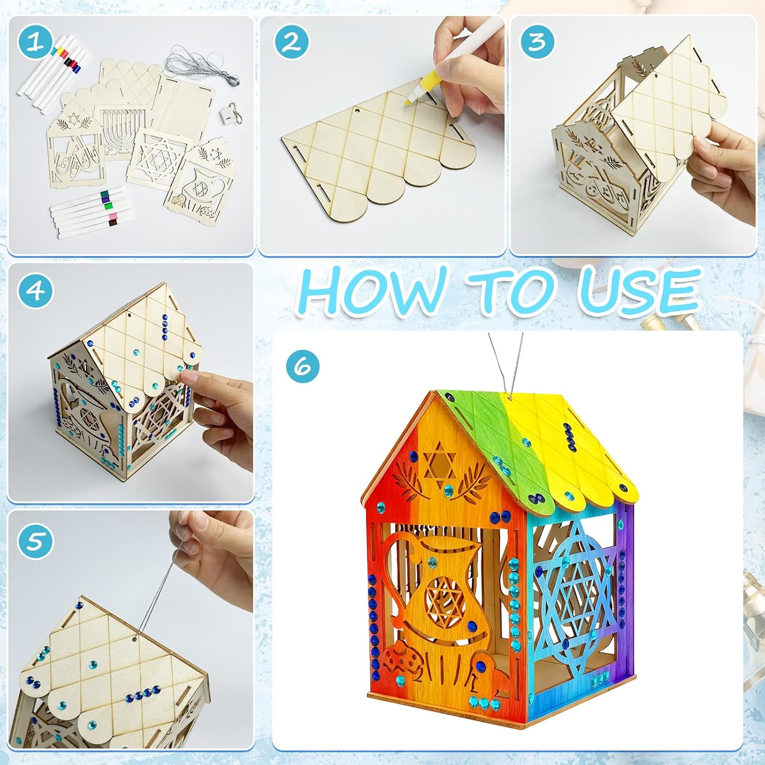 Cinrobiye 6 Set Wooden Hanukkah Craft Kit Paint Chanukah Gingerbread Houses Art&Craft Make You Own 3D Hanukkah House for Home Classroom Christmas Winter Holiday Fun Party Game Decorating Art Project