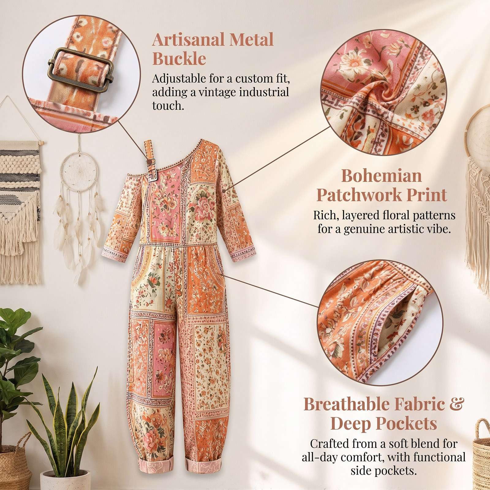 Générique Combinaison Jean Femme une Épaule Chic, Salopette Denim Large avec Broderie Fleurs Patchwork, Pantalon Ample Décontracté avec Poches Bohème Vintage