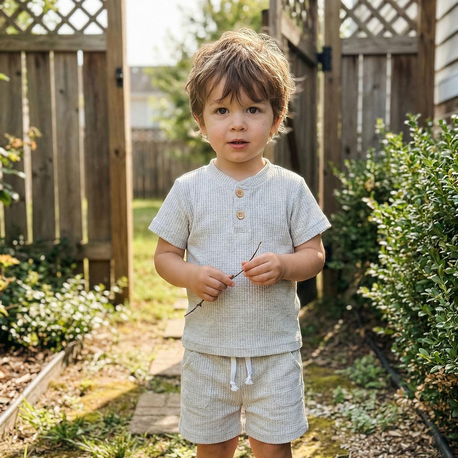 Toddler Baby Boy Summer Clothes Button Waffle Short Sleeve T-Shirt Top Elastic Waist Shorts Set 2Pcs Infant Outfit