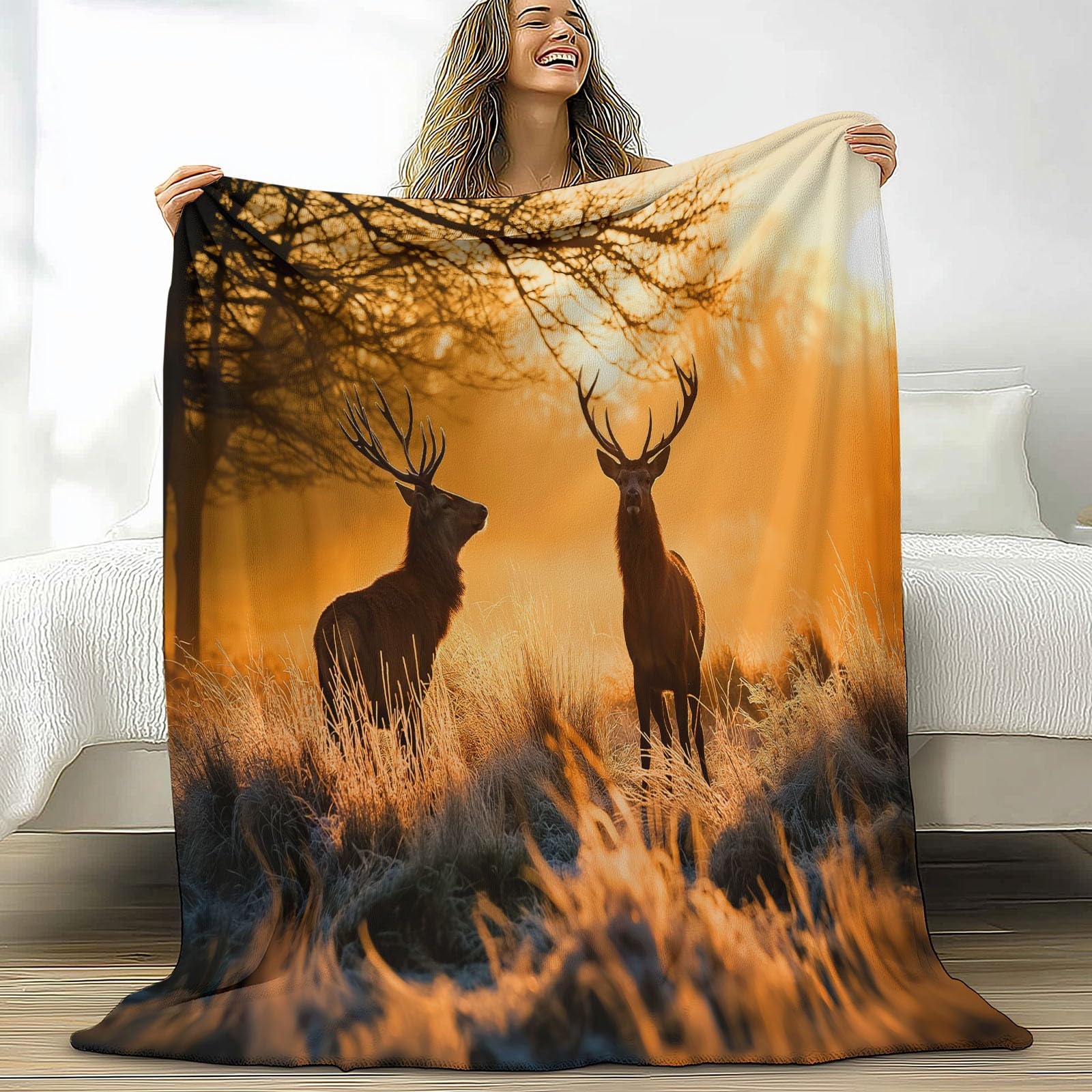 Pomarańczowy, puszysty, ciepły koc do przytulania, 200 x 200 cm, miękki, realistyczny, wschód słońca, zwierzęta, łoś, pluszowy koc z nadrukiem, dekoracyjny koc dla dzieci i dorosłych