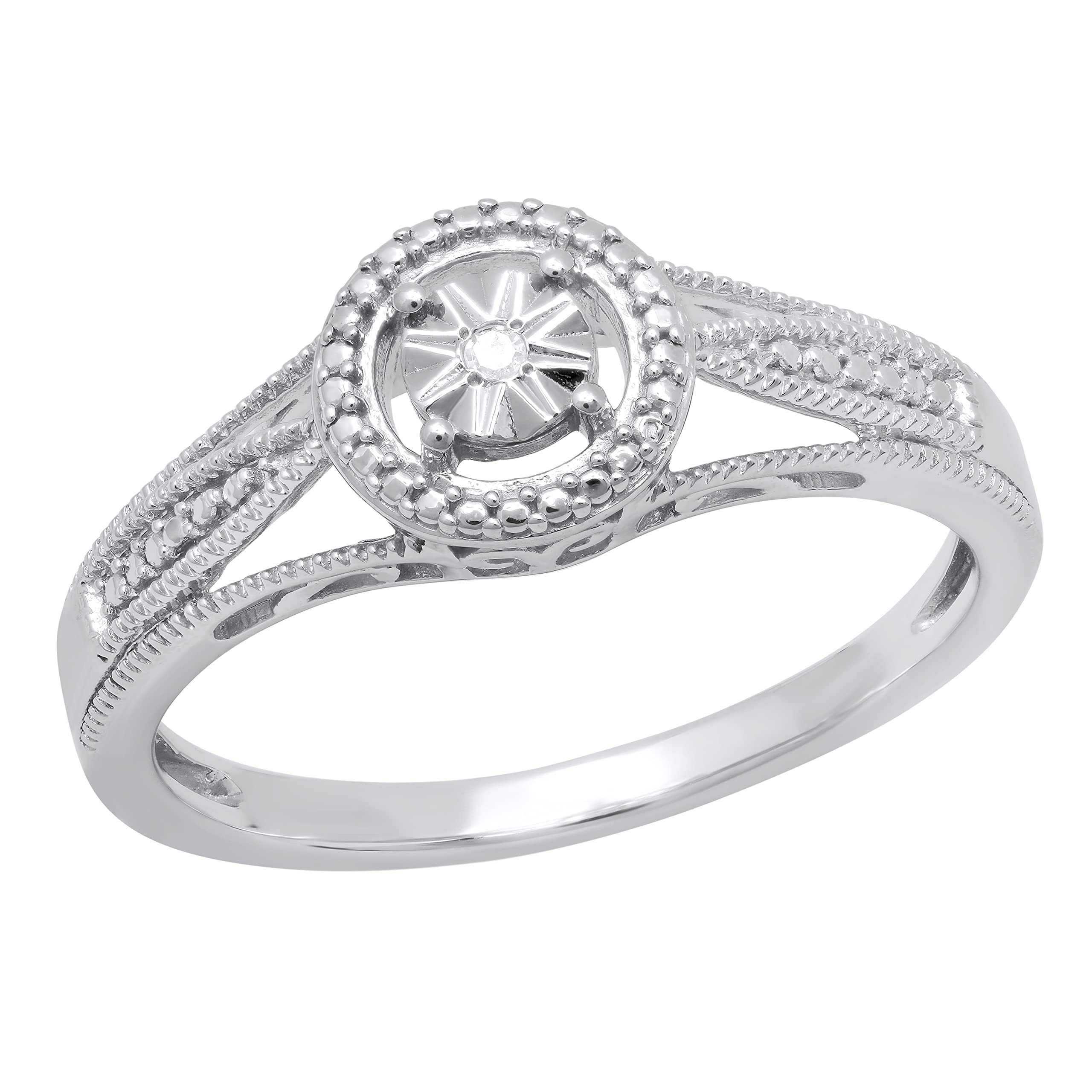 Dazzlingrock CollectionDazzlingrock Collection Round White Diamond Accents Illusion Set Solitaire Milgrain Edge Step-up Halo Style Art Deco Wedding Ring, 925 Sterling Silver