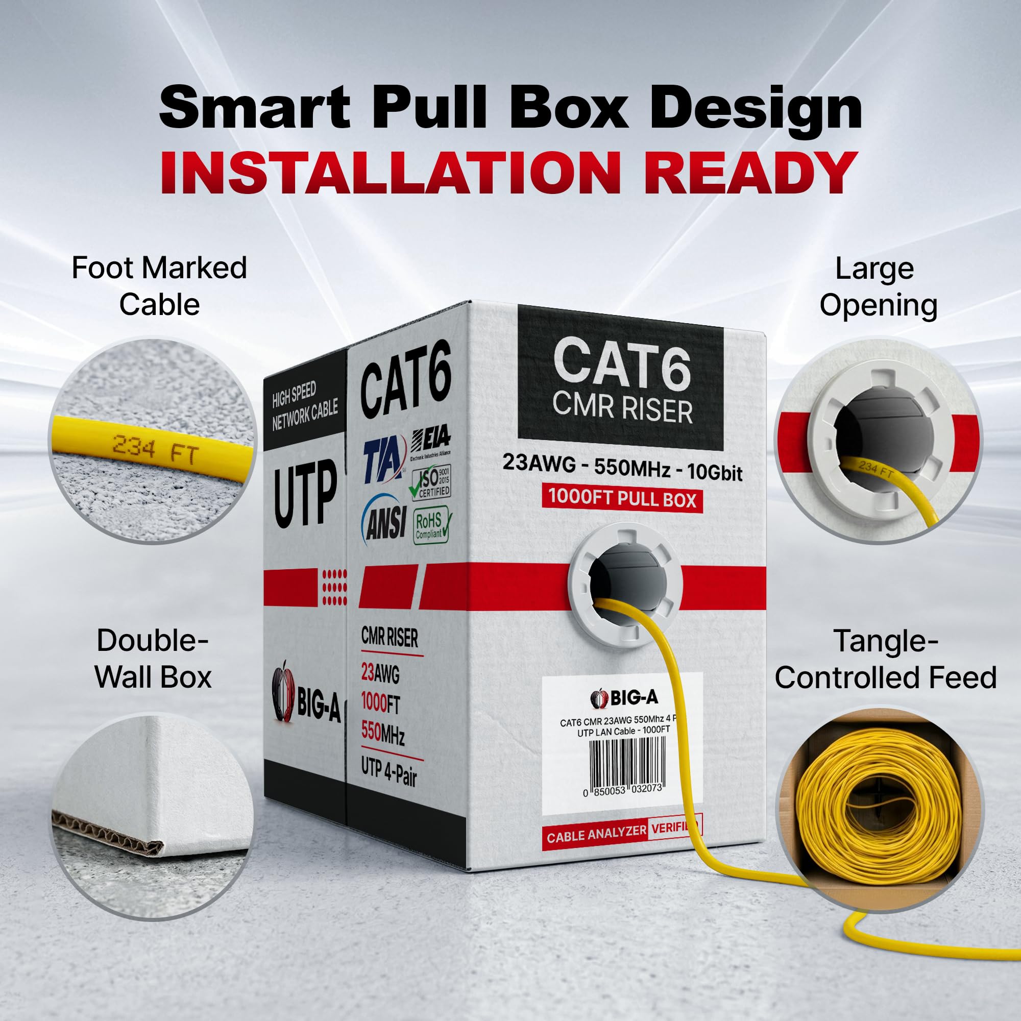 Big-A Cavo Ethernet Cat 6 304,8 m giallo, cavo Bulk Cat6, 23AWG Solido UTP CMR Riser, Cavo LAN Internet di rete 550 MHz, Pull Box