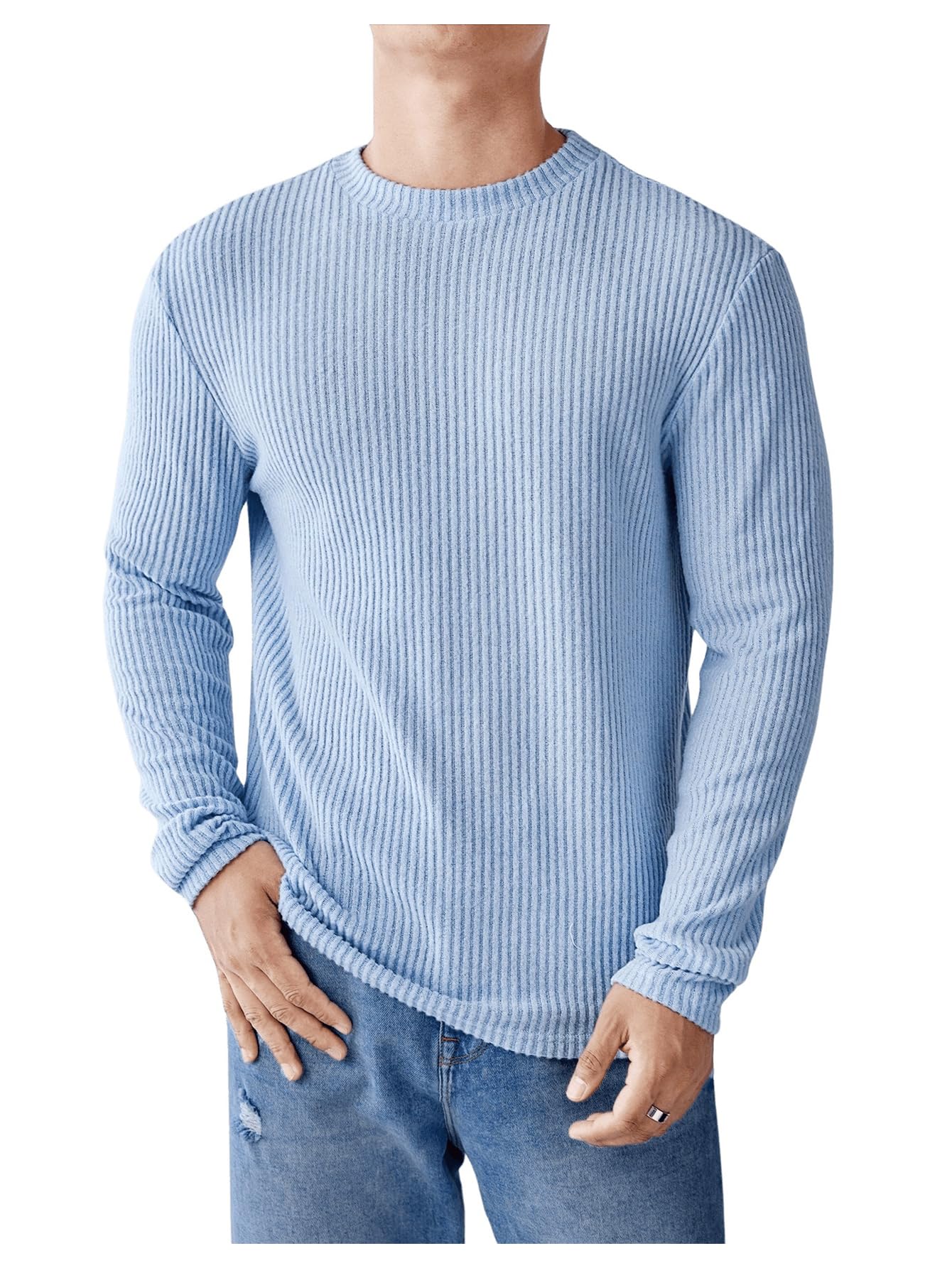 OYOANGLE Men's Crew Neck Long Sleeve Ribbed Knit Tees Solid Basic Casual Sports Knitted Tee Shirt Tops