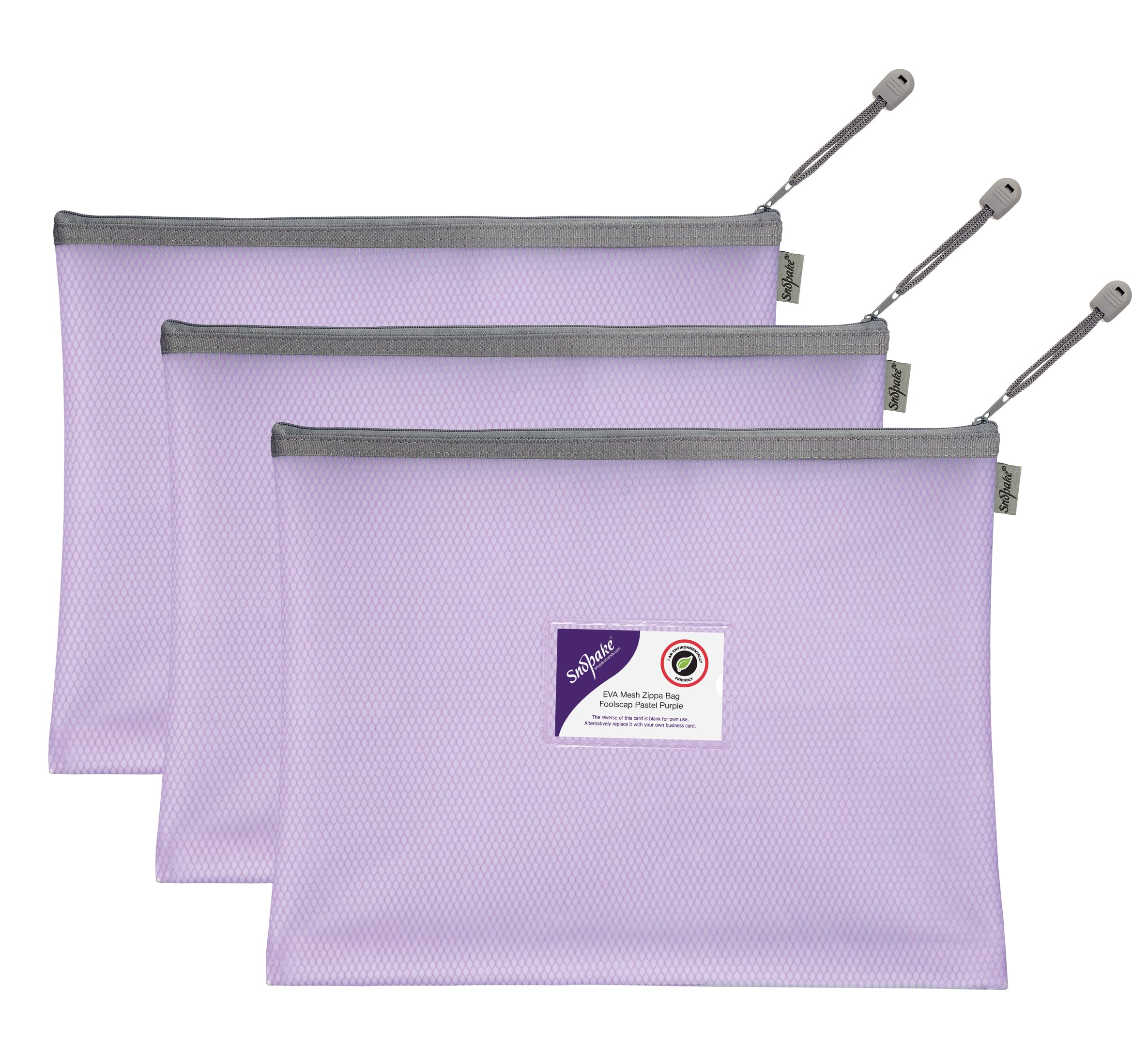 Snopake Foolscap High Capacity Pastel Purple EVA Mesh Zippa-Bag [Pack of 3] 360 x 275mm – Heavy Duty Bag with Hanging Loop and Business Card Holder [15936]