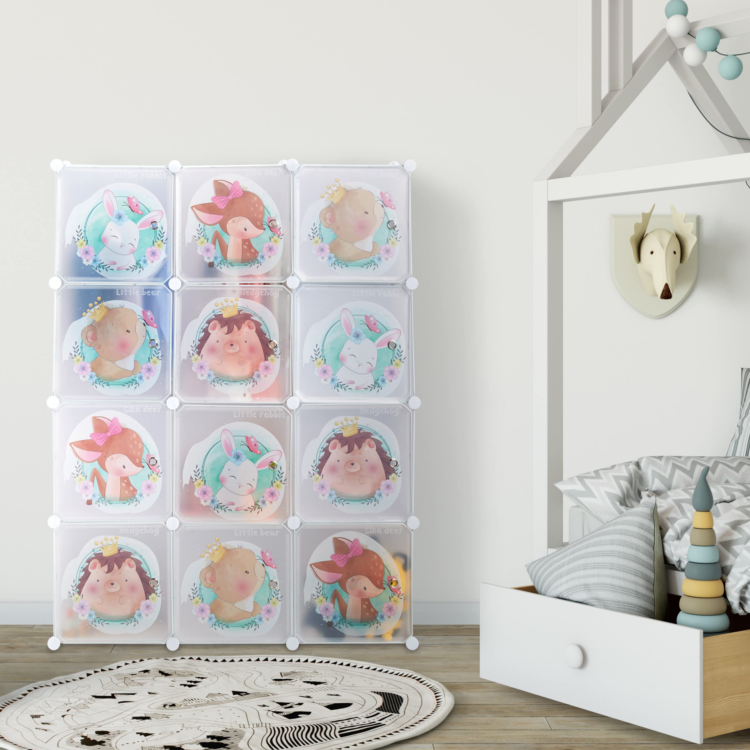 Relaxdays Steckregal Kinder, 2 Kleiderstangen, Türen mit Tierkindern, HBT: 145x110x37 cm, DIY Kinderkleiderschrank, weiß