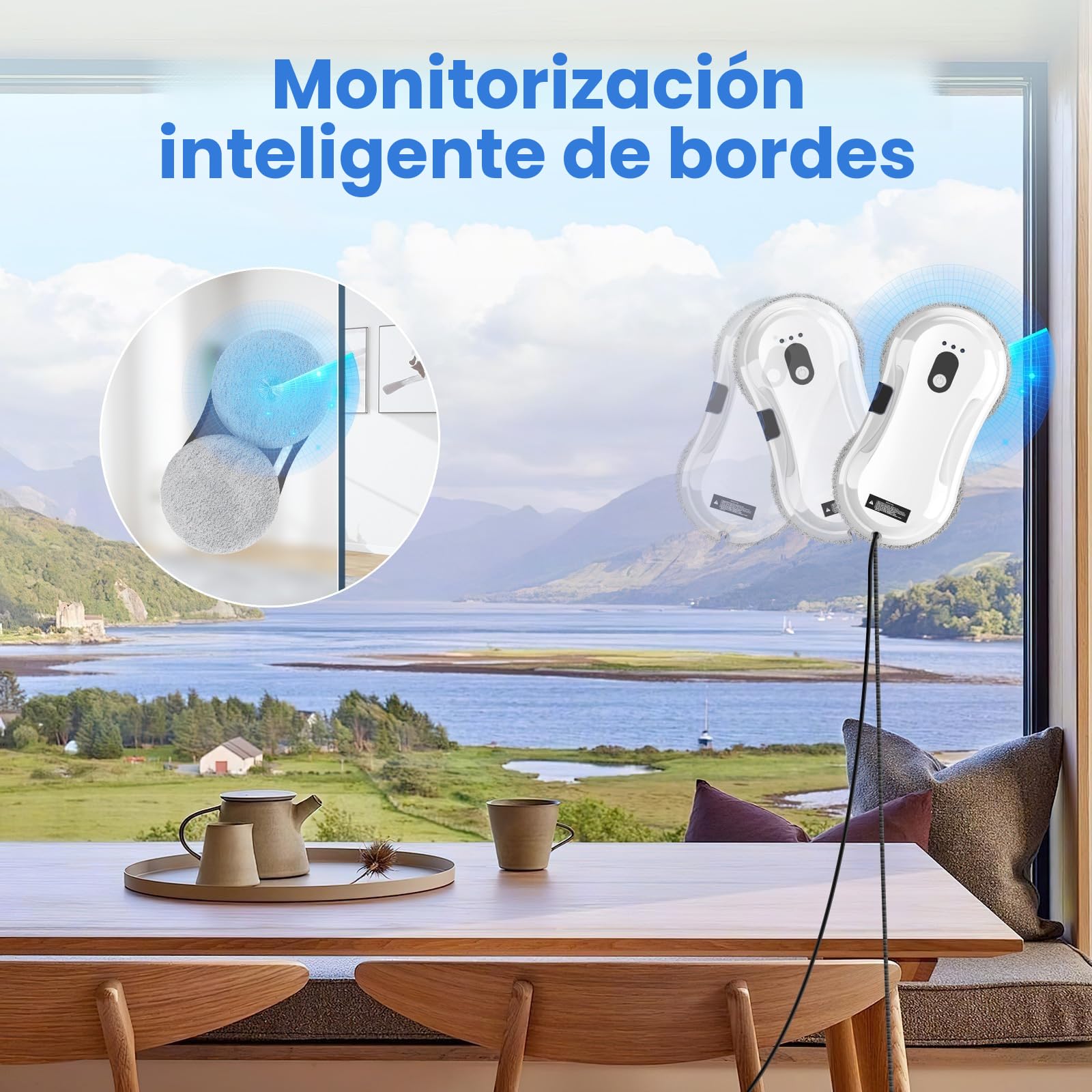 Robot Limpiacristales, 5600Pa Robot Limpiador de Ventanas con Pulverización Automática, 3 Modos de Limpieza, Sistema de Seguridad, Detección Inteligente de Bordes, Control Remoto e 10 Trapo