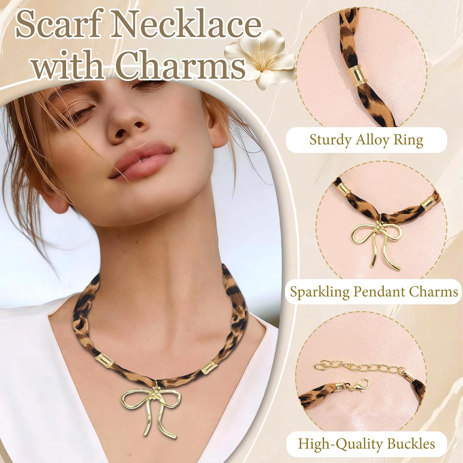 BELICEY Scarf Necklace with Charm Boho Vintage Leopard Bandana Charm Necklace Gold Bow Pendant Choker Jewelry for Women Fashion Holiday Jewelry Gifts for Women - Image 3