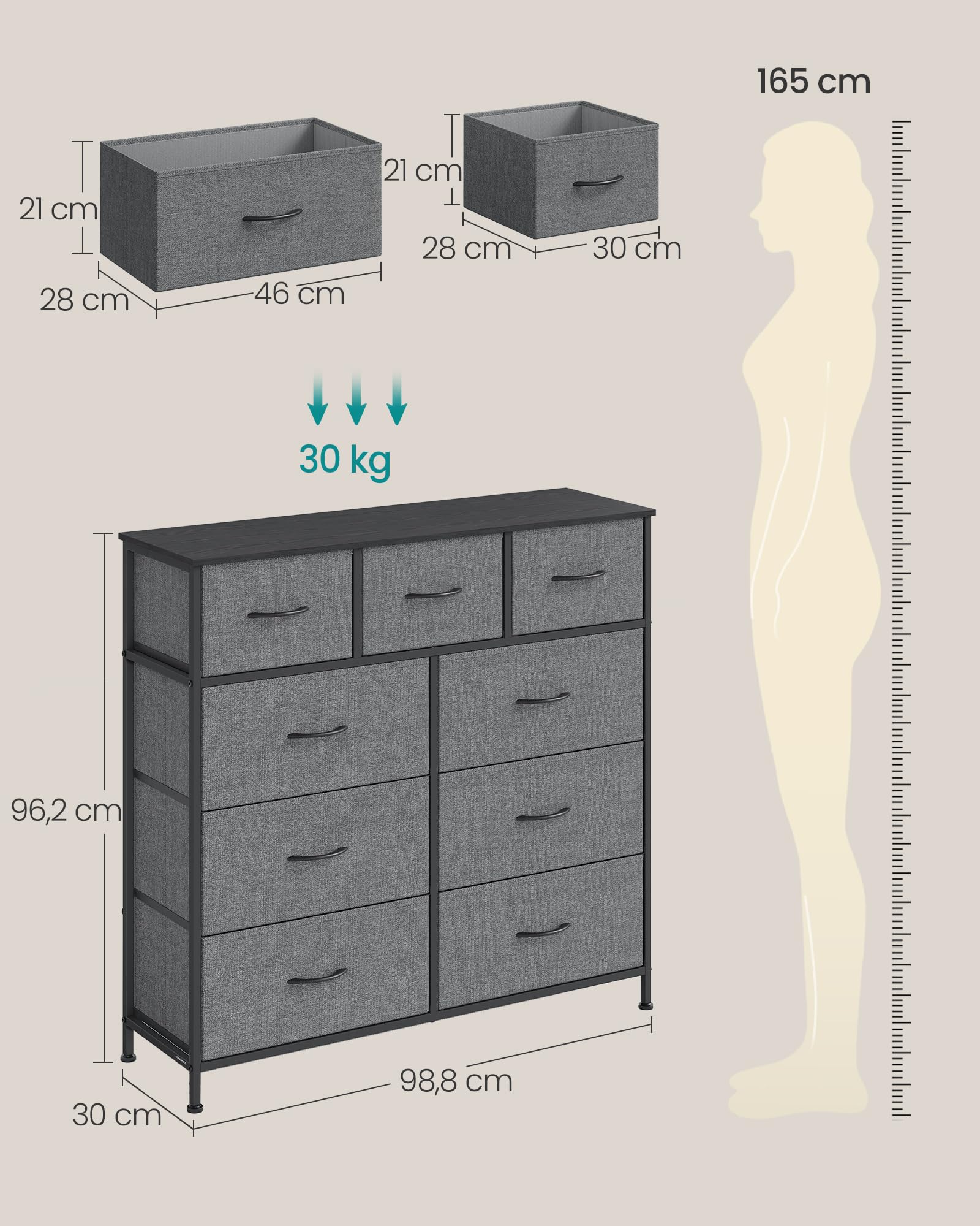 SONGMICS BELLAH Collezione - Cassettiera, Armadietto, Mobile contenitore in Acciaio, per Camera da Letto, ingresso o Soggiorno, 9 Cassetti, Stile Moderno, Grigio Ardesia, LGS324G101