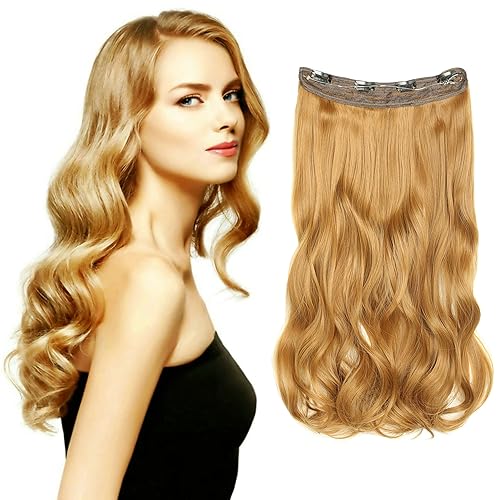 Extensiones de cabello con halo de alambre invisible, alambre transparente, tamaño ajustable, 4 clips de seguridad, 24 pulgadas de largo, ondulado,