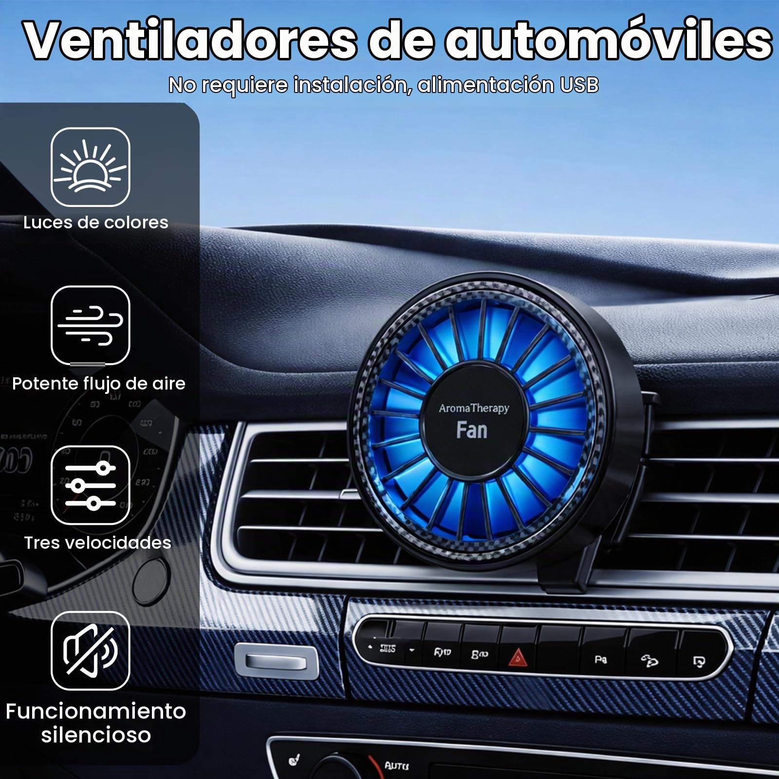 Ventilador de Coche con Luces LED Multicolor y 3 Discos de Algodón Perfumados, Ventilador USB para Rejilla de Ventilación 3 Velocidades, Mini Ventilador de Coche para Coches, SUV, Camiones
