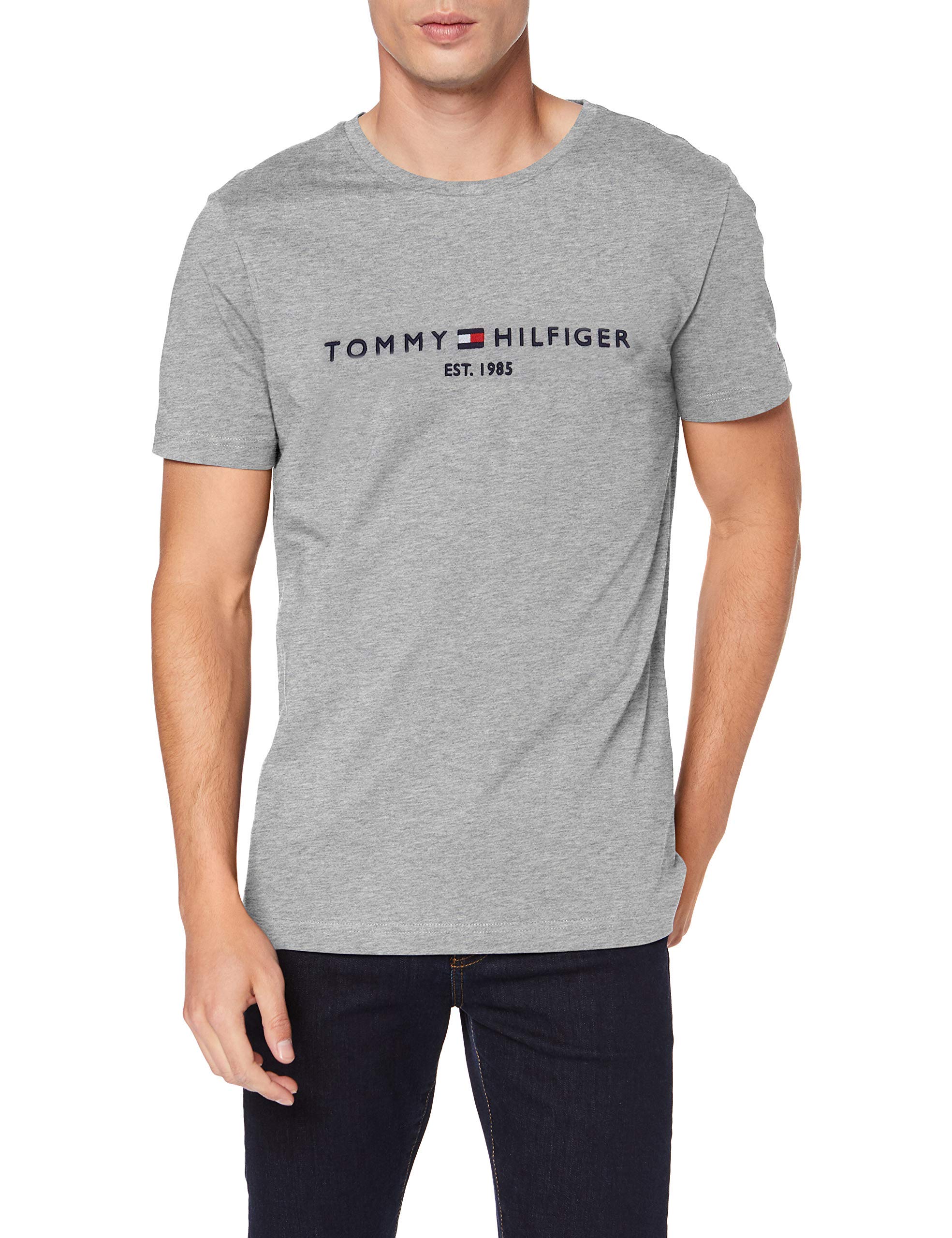 Tommy Hilfiger Men’s Short Sleeve Round Neck Core Tommy Logo T-Shirt, Grey (Cloud Heather), M