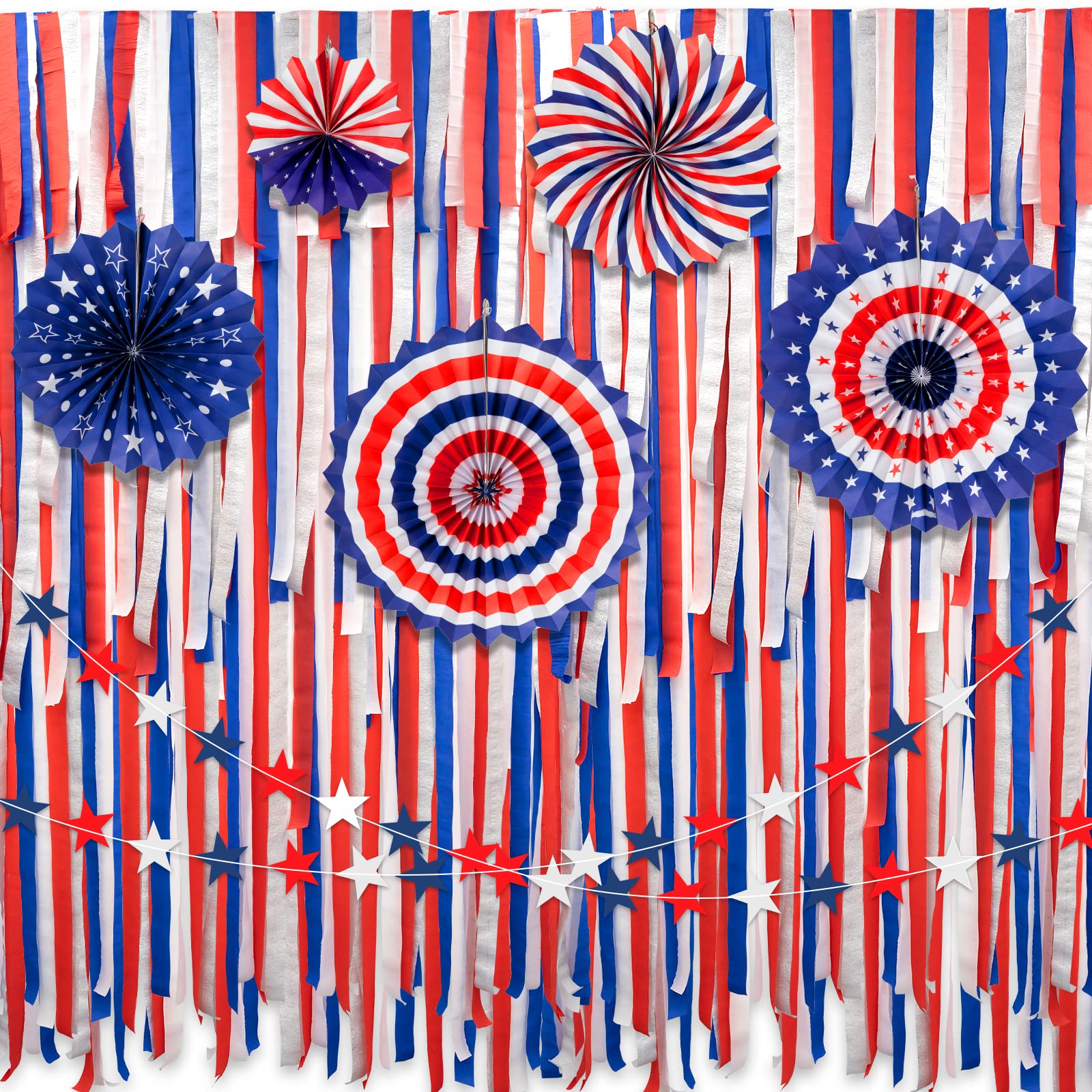 4th of July Decorations Set - 16pcs Red White Blue Patriotic Paper Fans Star Garland and Crepe Paper Streamers for 4th of July Independence Memorial Day Patriotic Hanging Party Decorations