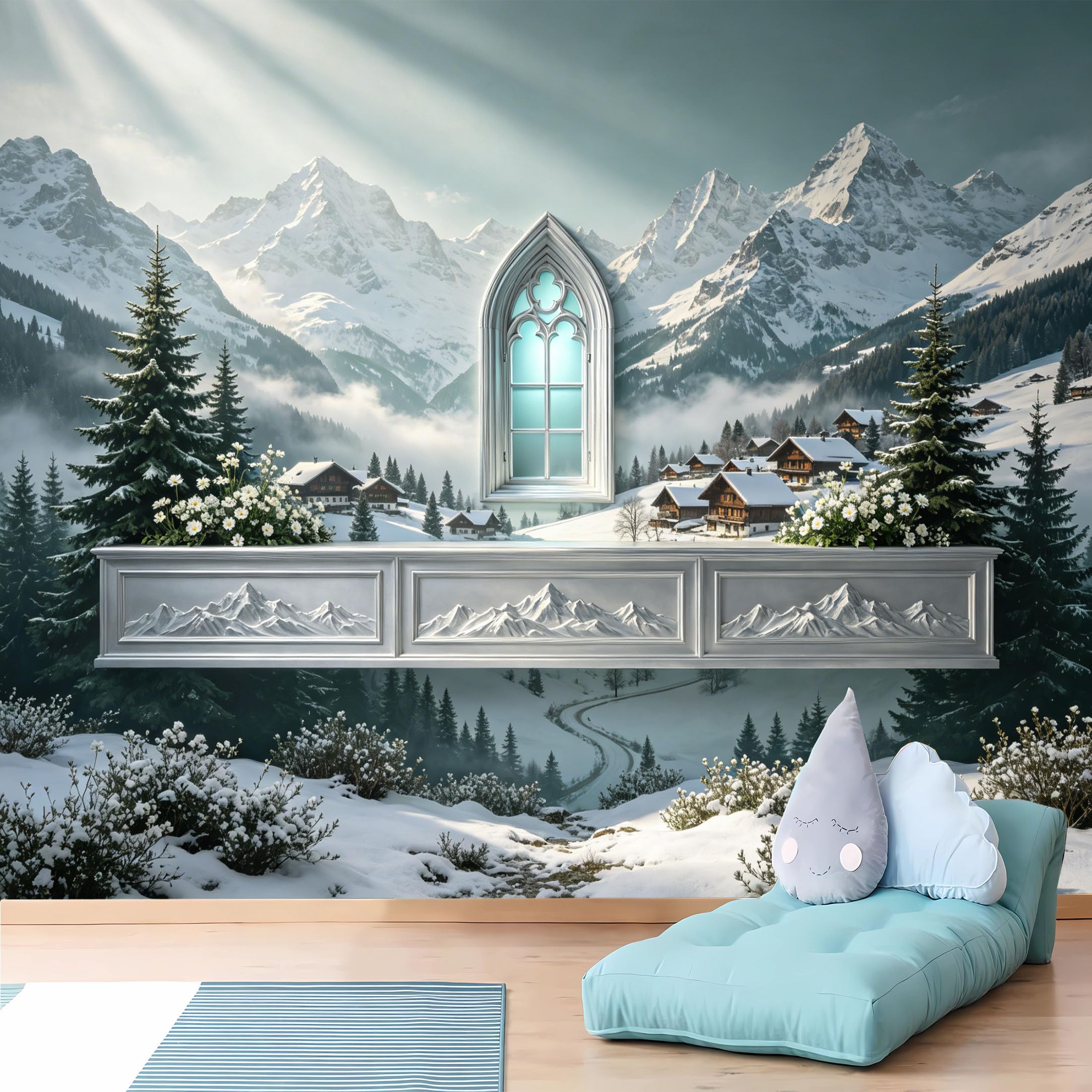 Custom Size Wall Murals 3D Niche Snowy Alpine Village Wall Murals Winter Mountain View Wallpaper Full Wall Self-Adhesive Removable Wallpaper for Office