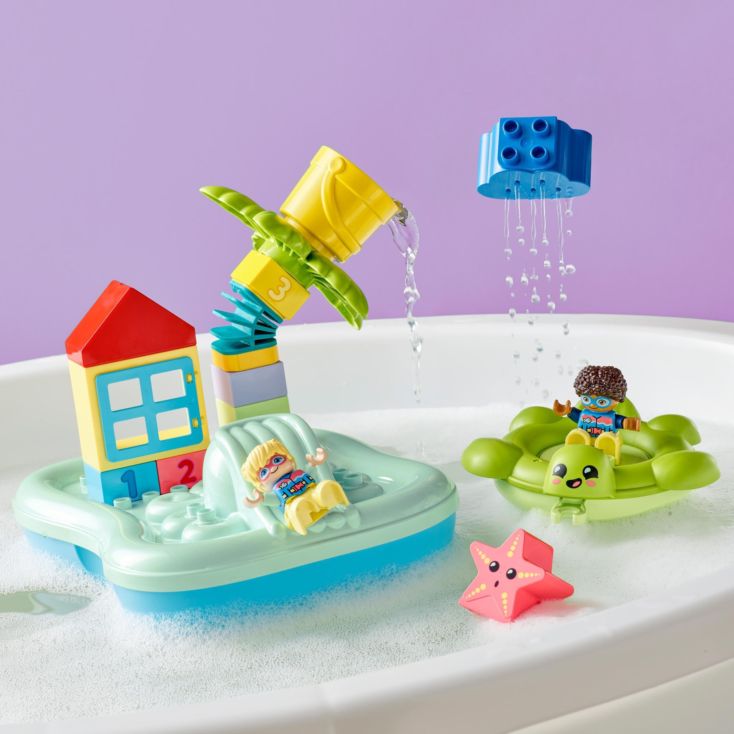 LEGO DUPLO Wasserrutsche Set, Badespielzeug für Kleinkinder ab 2 Jahren, mit schwimmender Insel, Schildkröte und Seestern-Tierfiguren, leicht zu reinigendes Badewannen-Wasser-Spielzeug 10989