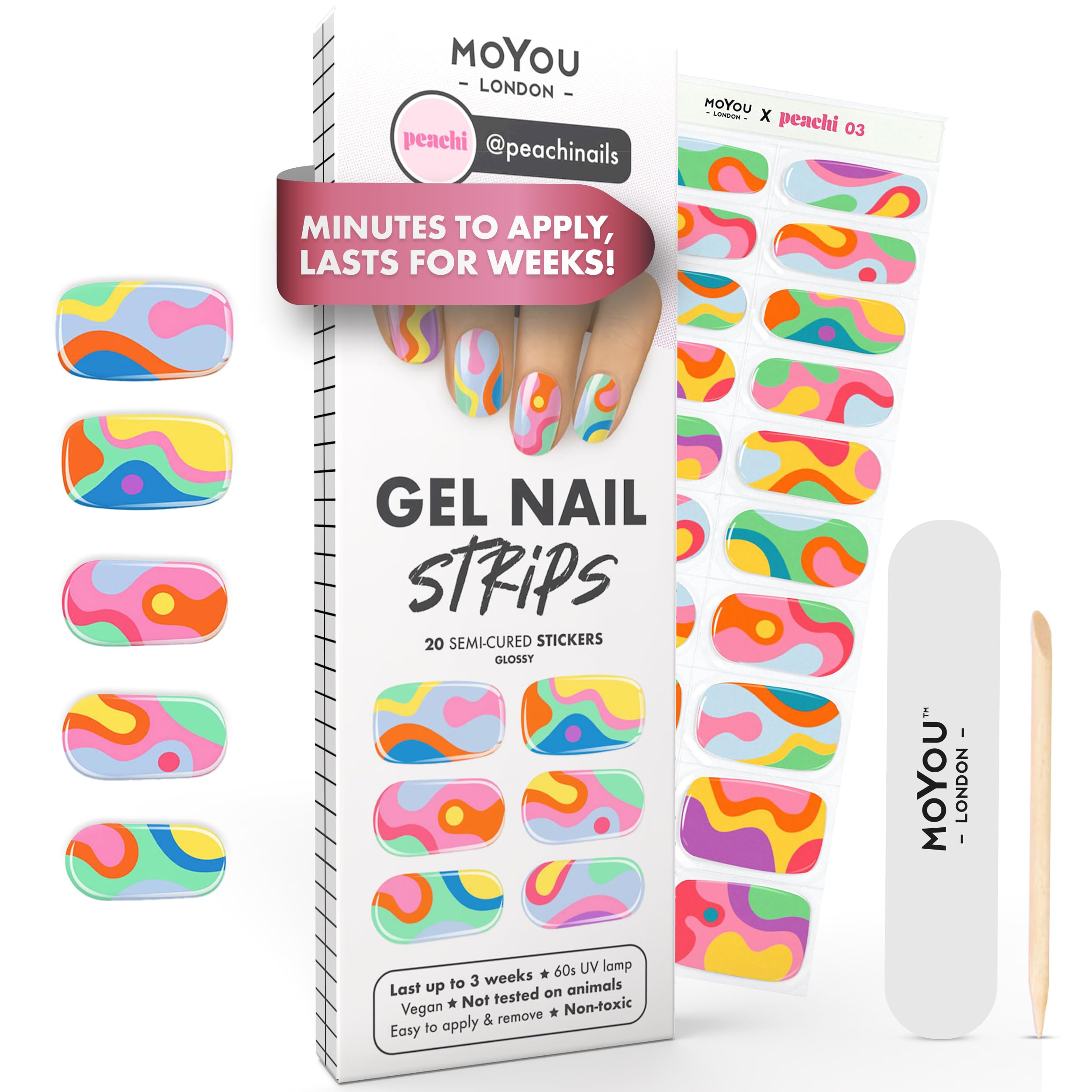 MOYOU LONDON Półutwardzane paski żelowe UV - 20 sztuk - żelowe folie do paznokci utwardzane UV do manicure w jakości salonowej - PeachI 03