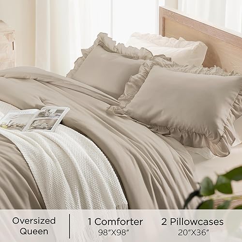 Miniatura 339 de Andency Juego de edredón beige tamaño King, 3 piezas estilo farmhouse shabby chic con volantes, ligero esponjoso suave de microfibra para todas