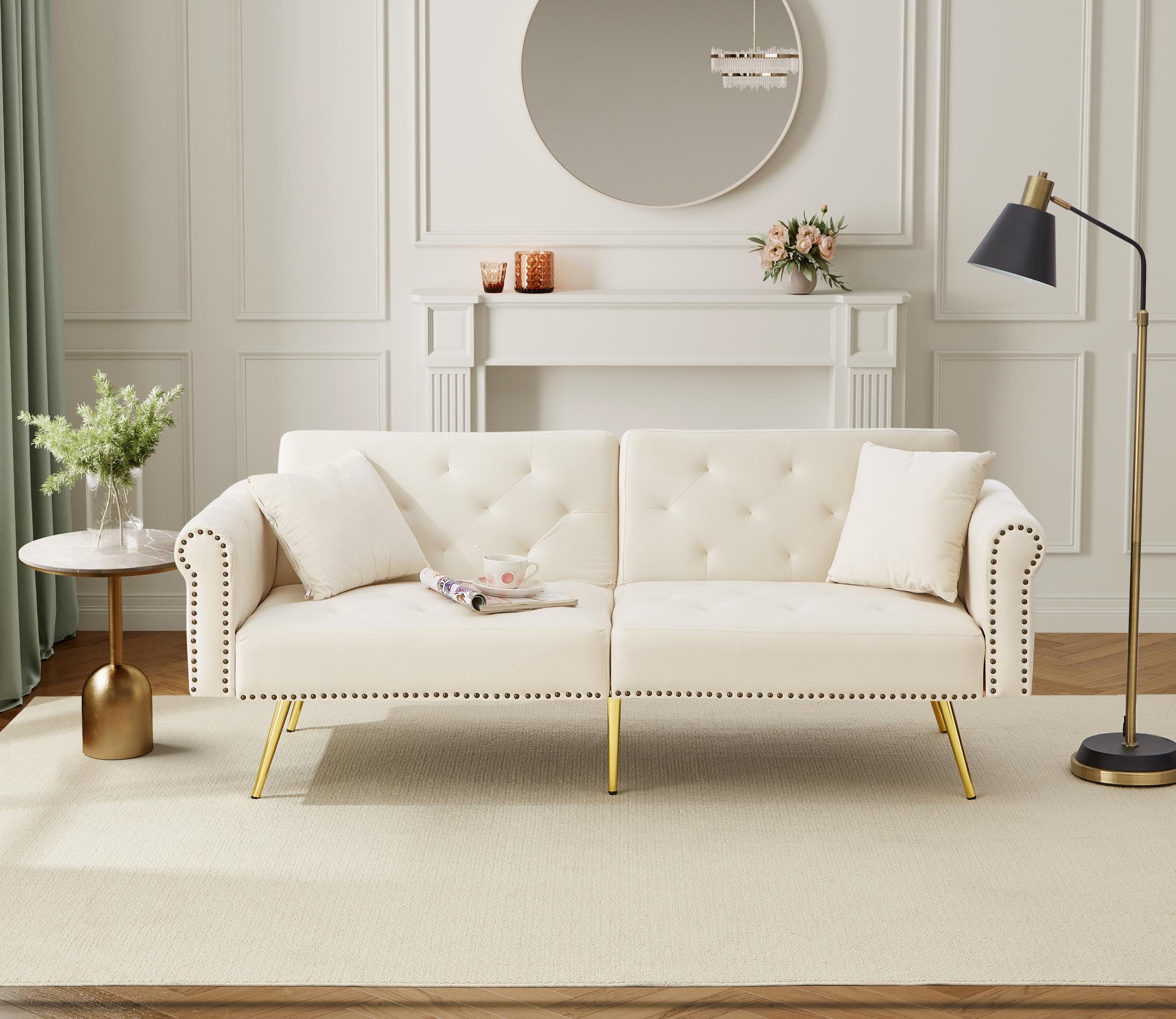 Moderno divano letto a 2 posti, rivestimento in velluto, schienale con 3 livelli, salvaspazio, resistente, ideale per piccoli spazi (beige)