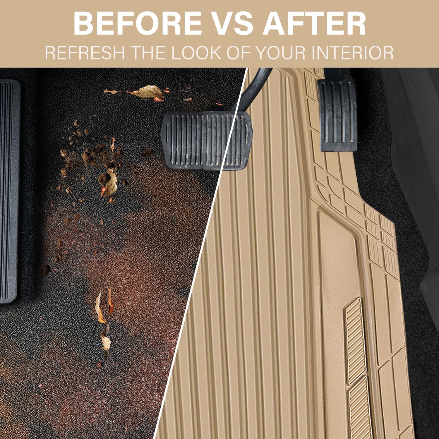 CAR PASS Heavy Duty Sporty Rubber Car Mats, Deep Dish All Weather Car Floor Mats Full Set, Waterproof Anti-Slip Automotive Matts Rugs Trim to Fit for Most Sedans SUVs, 4-Piece All Beige - Image 6