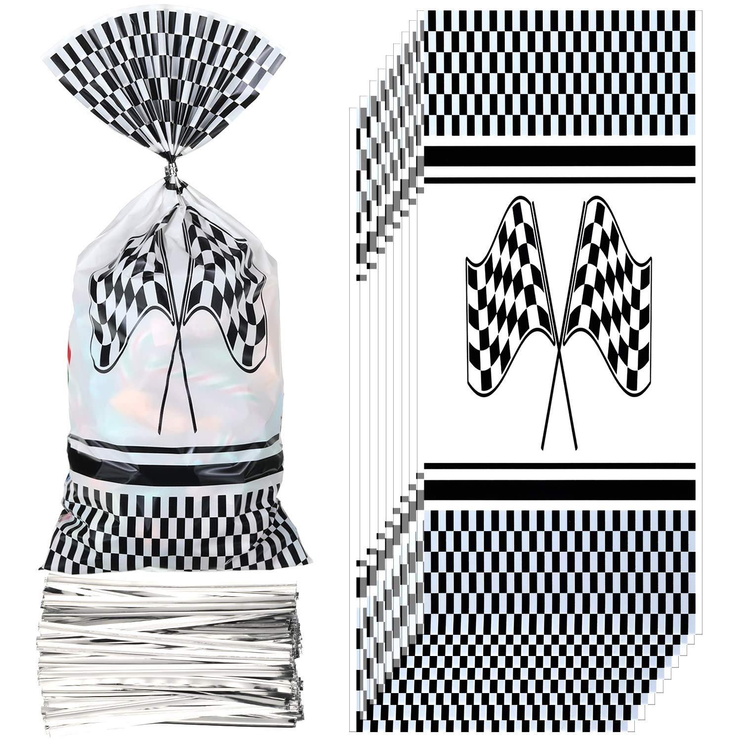 100 Pcs Race Car Treat Bags Cellophane Cars Candy Bags Plastic Race Goodie Gift with 200 Pieces Twist Ties for Racing Car Party Supplies