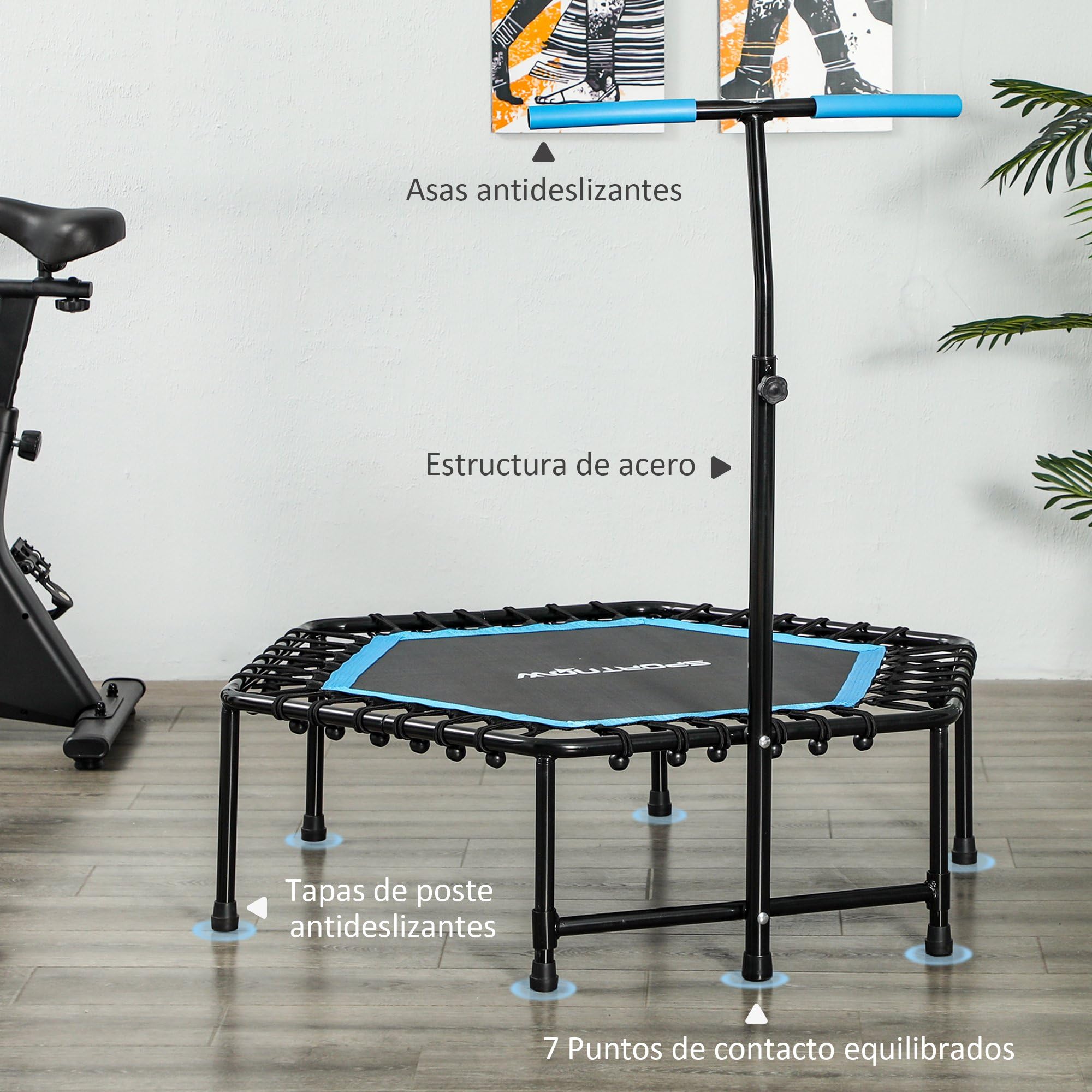 SPORTNOW Trampolín de Fitness 114x114x132 cm Cama Elástica Fitness con Mango Ajustable de 3 Niveles Marco de Acero para Entrenamiento Piernas Cuerpo en Hogar Oficina Gimnasio