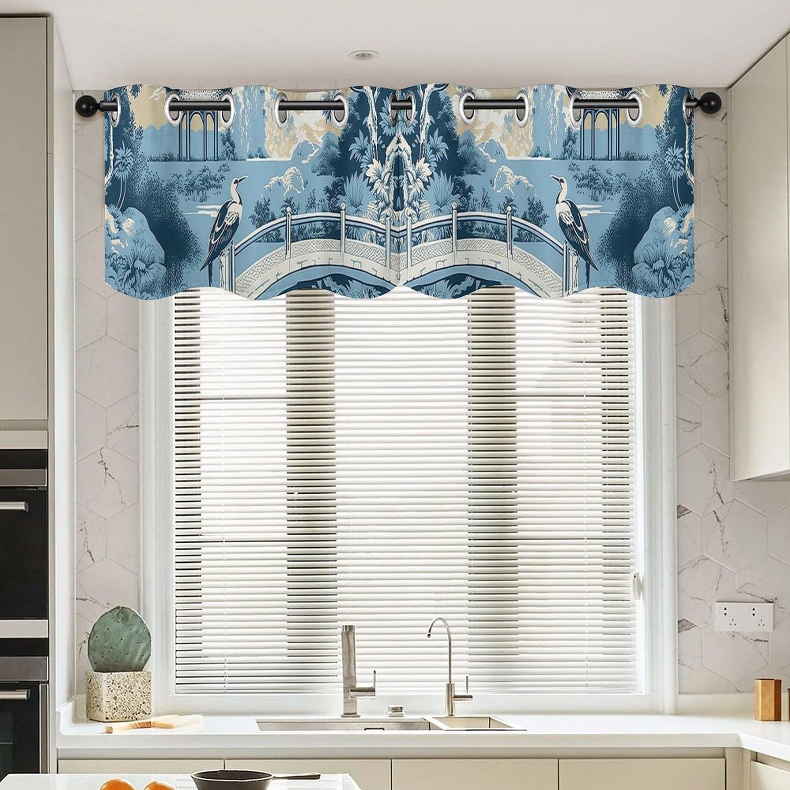 Cantonnière chinoise de style traditionnel bleu azur pour fenêtres de salon haut de gamme