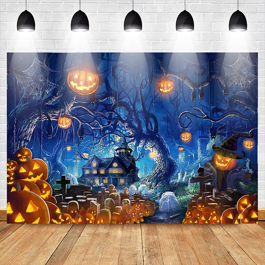 Avezano Dekoracje na przyjęcia Halloween, Halloween tła do fotografii, martwe drzewa nawiedzony dom baner Jack O'Lantern dynia latarnia portret budki fotograficznej rekwizyty (20 x 15 cm)
