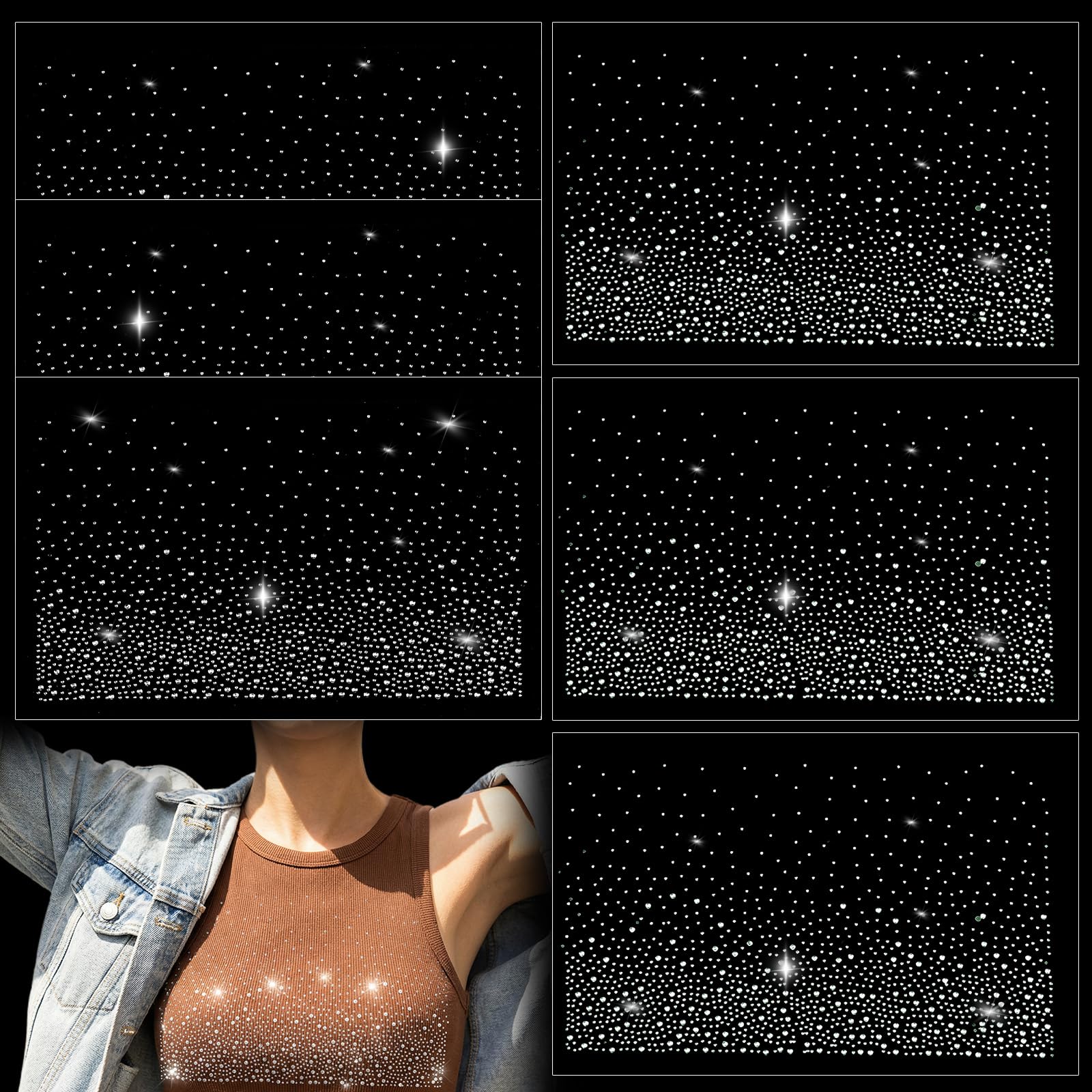 6 Sheet Iron on Rhinestone Sheets Hotfix Rhinestone Transfers Glitter Crystal Hotfix Transfers Decals Clear Crystal Rhinestones Decals Flat Round Crystals Patches for Women Men Clothing DIY Crafts