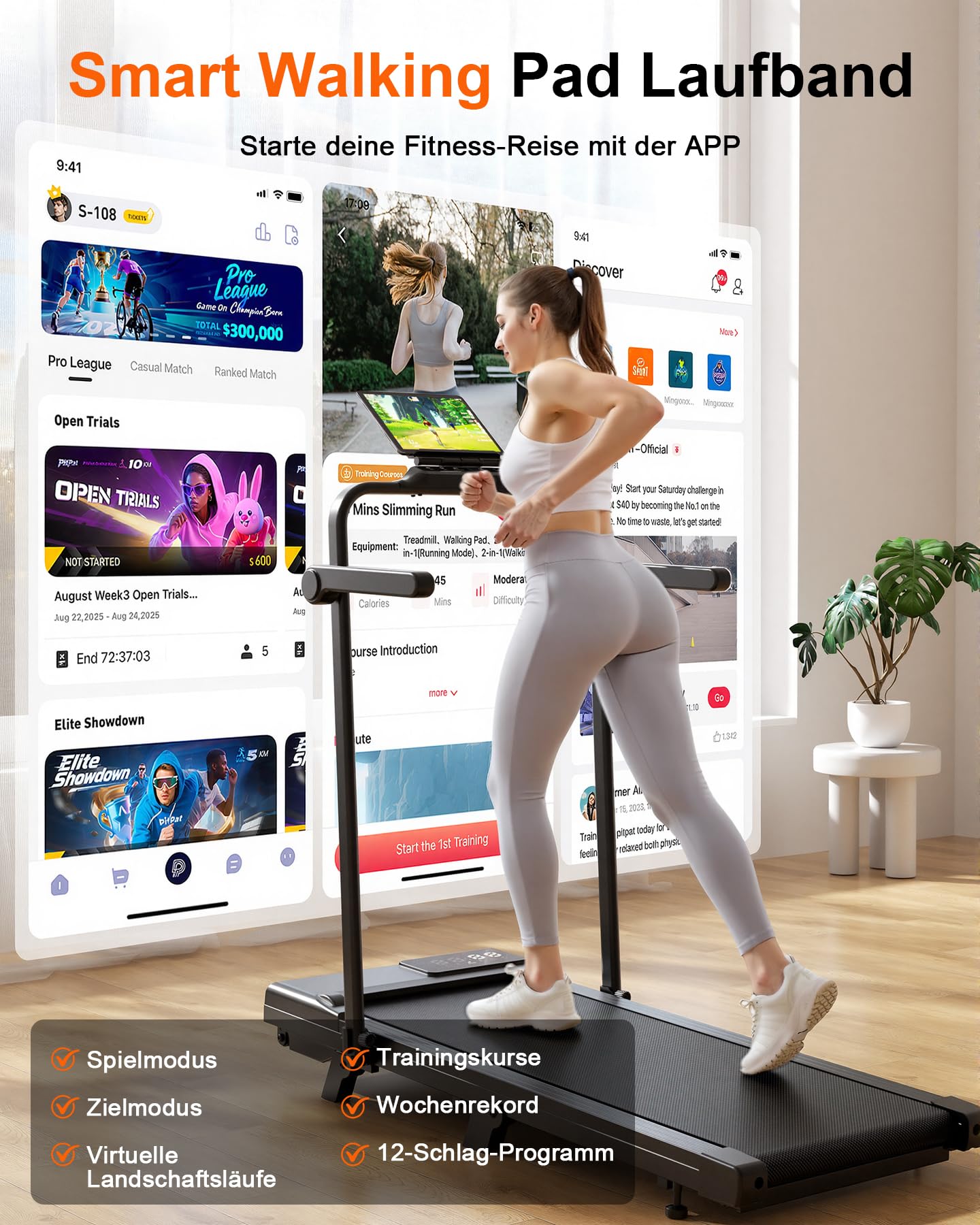 Superun Walking Pad mit Steigung 6%, Laufband mit App Erlebnis vor Ort | 12km/h, Max 136 kg mit KI-Trainer, Zusammenklappbar Leiser Betrieb Design, Stoßdämpfend, Leicht zu transportieren mit Rädern