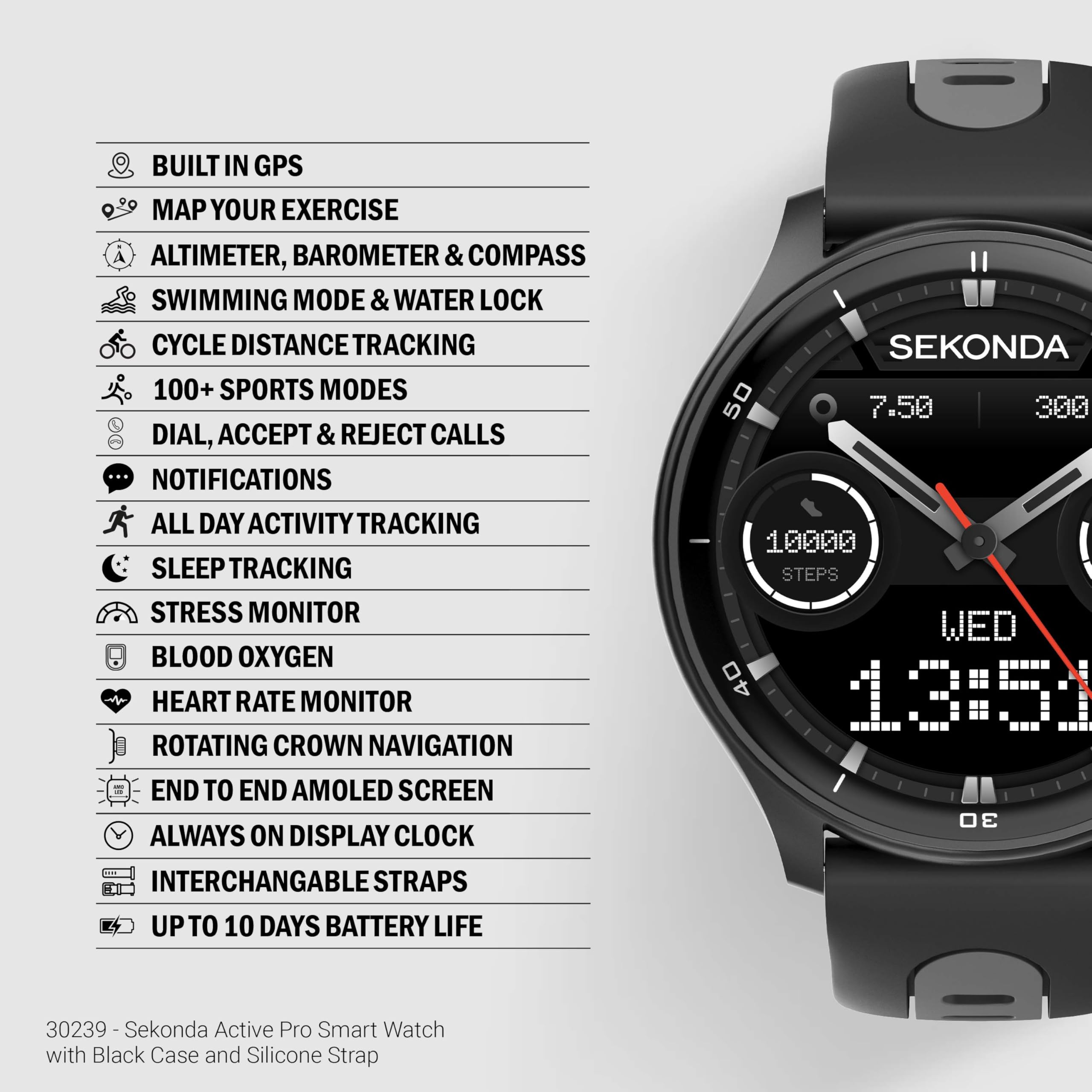 Sekonda Reloj inteligente Active Pro GPS de 47 mm en negro con correa de silicona negra