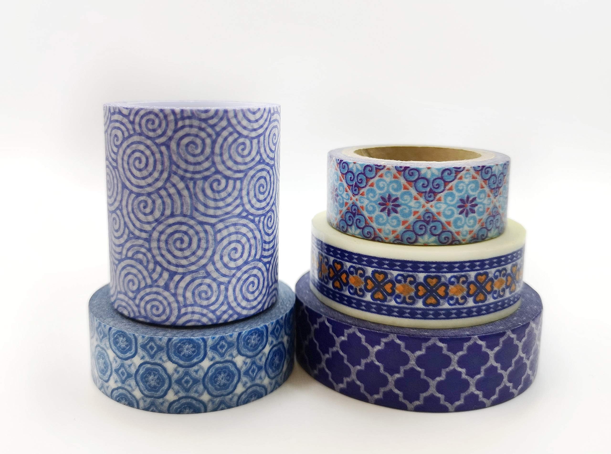 Blue Themes washi Tape Set of 5 Rolls. Incl Extra Wide & Extra Long Tapes. for scrapbooks, Crafts, Gift Wrapping and Decorating
