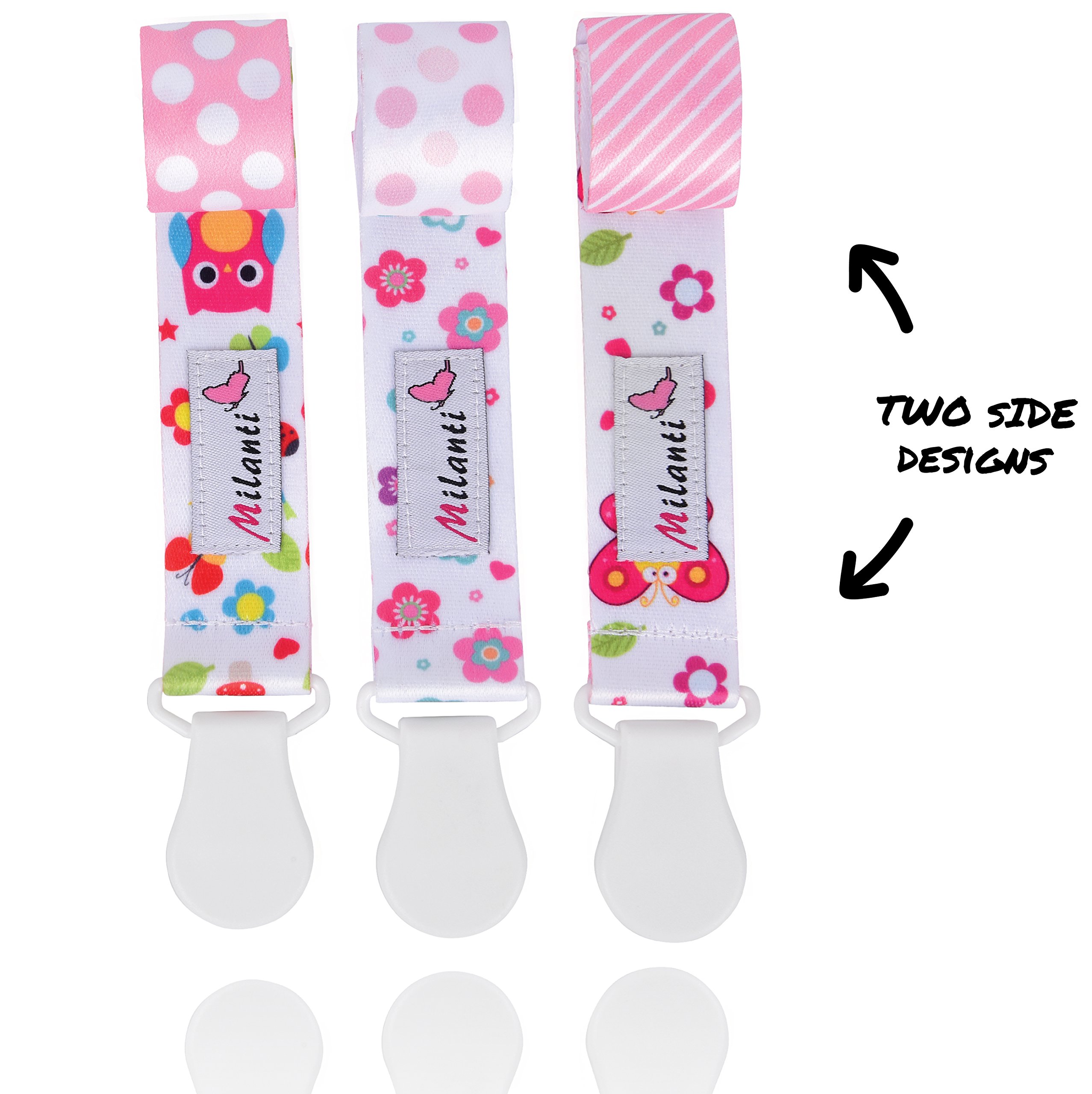 Milanti Pacifier Clip Set Three Clips Plus 18 Name Tag Labels