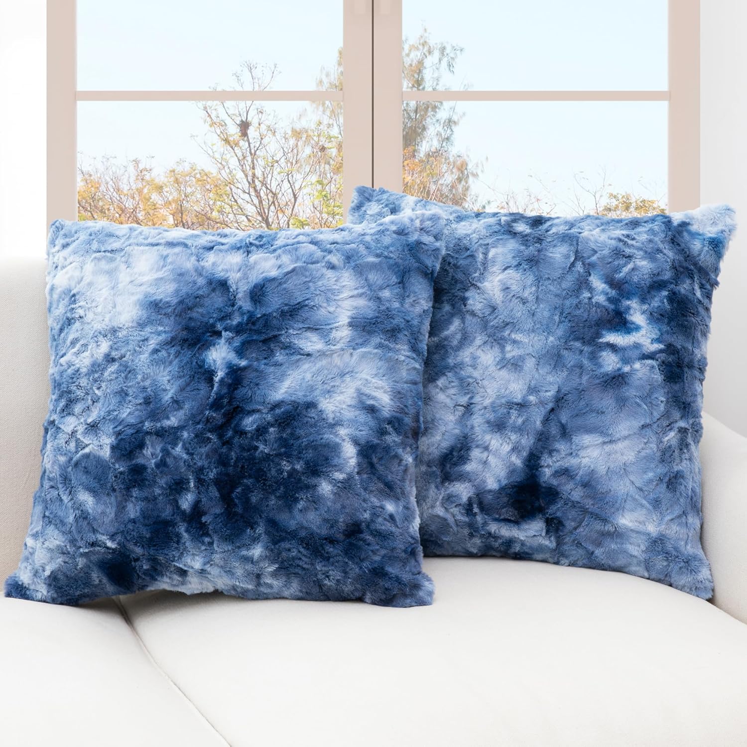 Cheer Collection Faux Fur Throw Pillow Set of 2 for Couch, Beds, Bedroom and Living Room - Ultra Soft and Cozy, Elegant Home Decor, Stylish Accent Pillows - 18" x 18", Blue & White