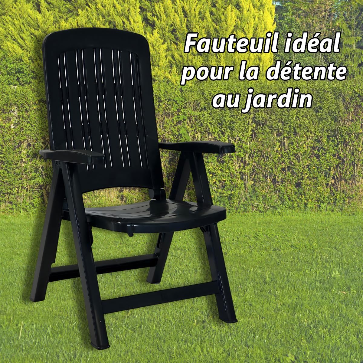 Tomaino Chaise longue de jardin pliante en plastique - Fauteuil pour extérieur, maison, camping inclinable - 5 positions - Avec accoudoirs (Noir)