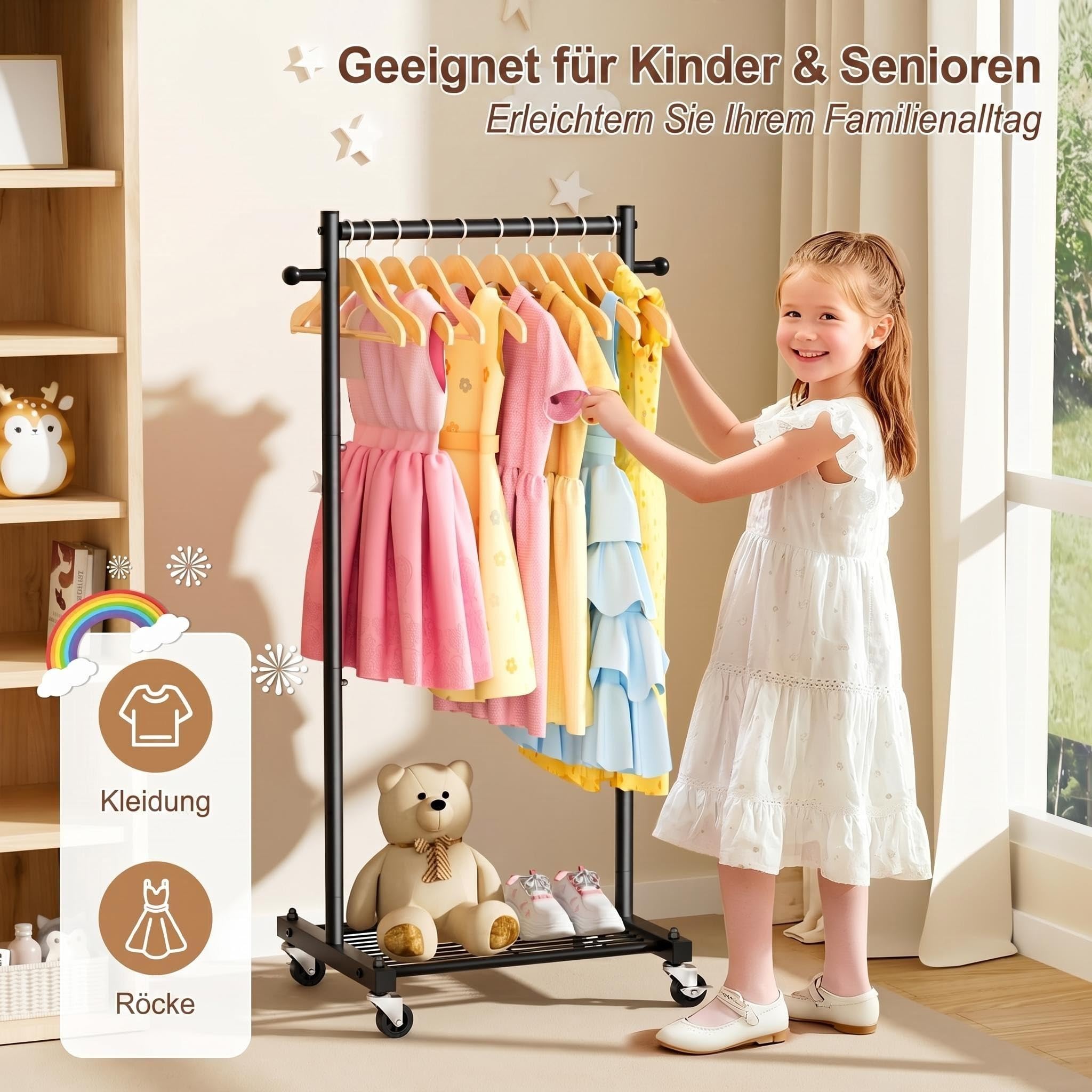MISSLO Perchero Pequeño sobre Ruedas, Percha de Ropa de 114 cm de Ancho con Estantes, Perchero de Metal Estable para Espacios Pequeños, Armario, Guardarropa, para Adultos y Niños, Negro